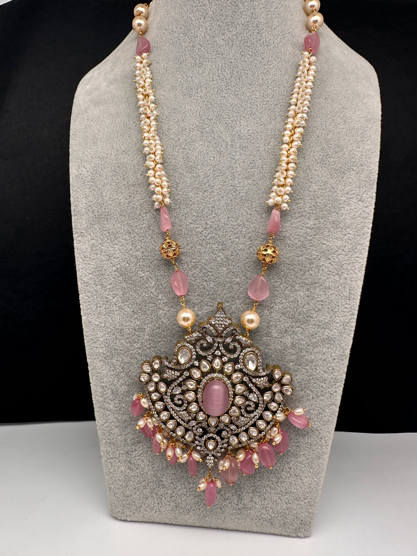 Moissanite Victorian Cluster Pearls Beads Color Long Necklace