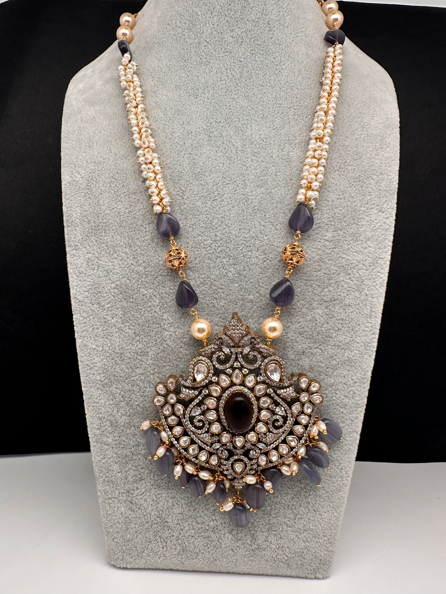 Moissanite Victorian Cluster Pearls Beads Color Long Necklace - Purple