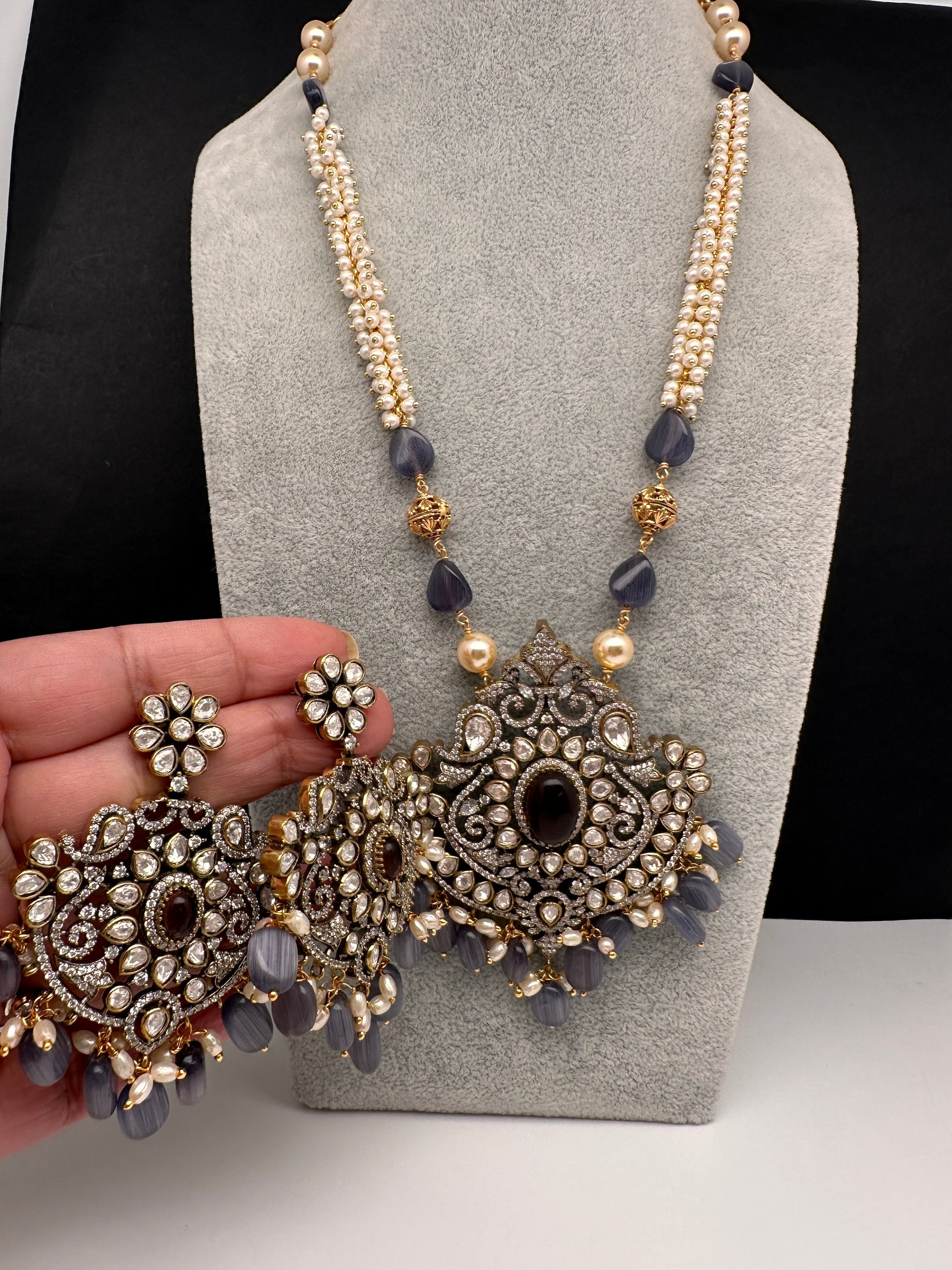 Moissanite Victorian Cluster Pearls Beads Color Long Necklace - Purple
