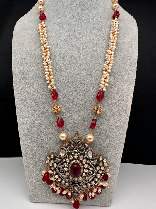 Moissanite Victorian Cluster Pearls Beads Color Long Necklace - Red