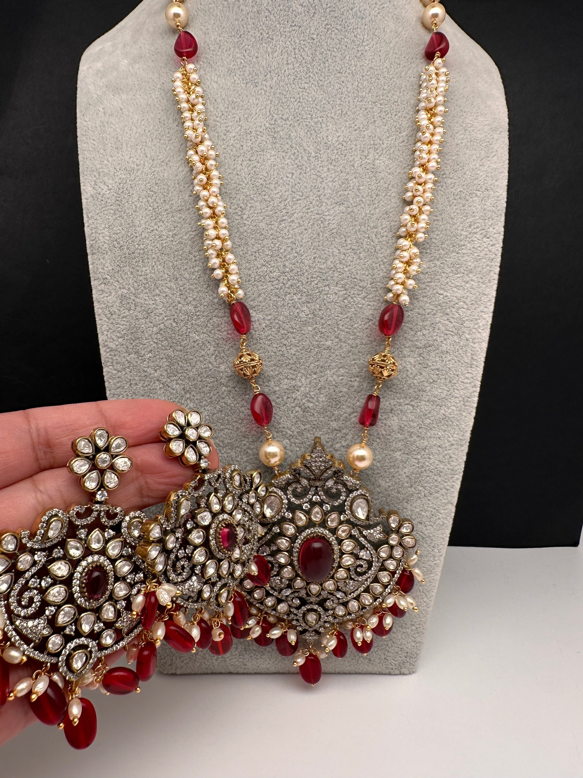 Moissanite Victorian Cluster Pearls Beads Color Long Necklace - Red