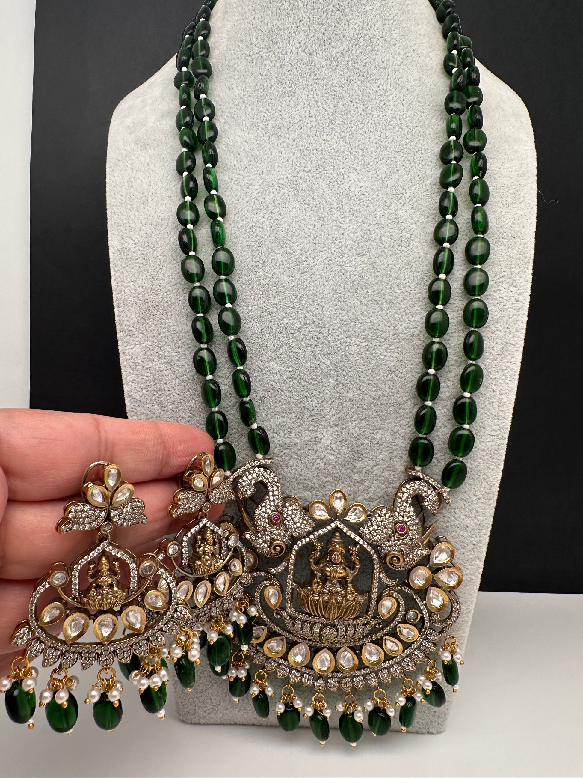 Kundan AD Goddess Lakshmi Elephant Long Necklace - Blue