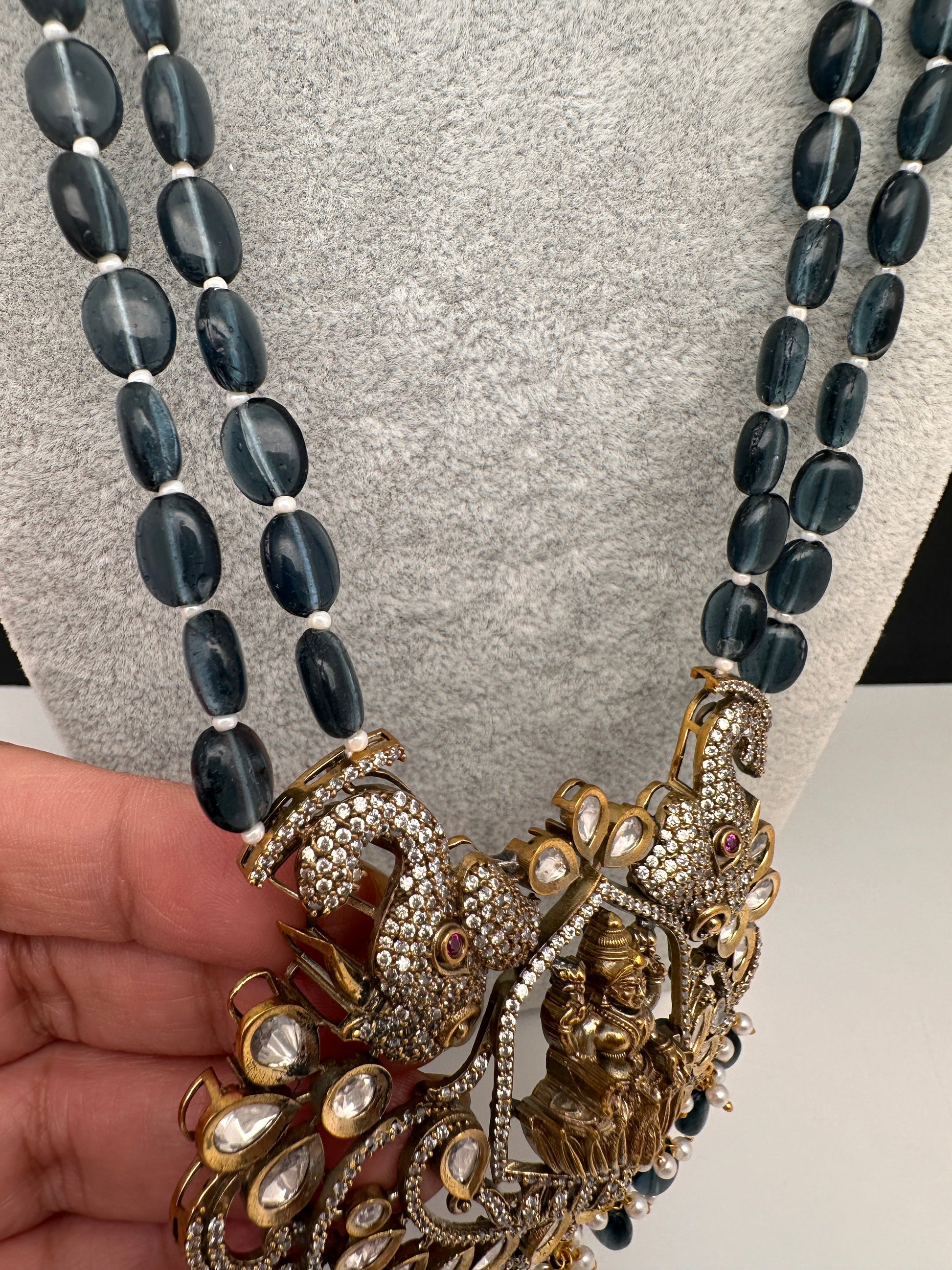 Kundan AD Goddess Lakshmi Elephant Long Necklace - Blue