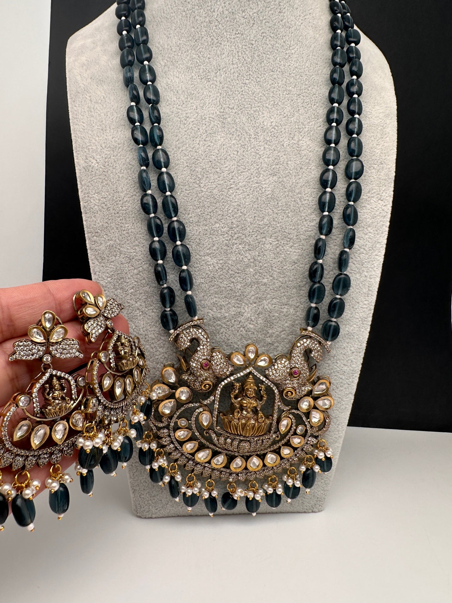 Kundan AD Goddess Lakshmi Elephant Long Necklace - Green