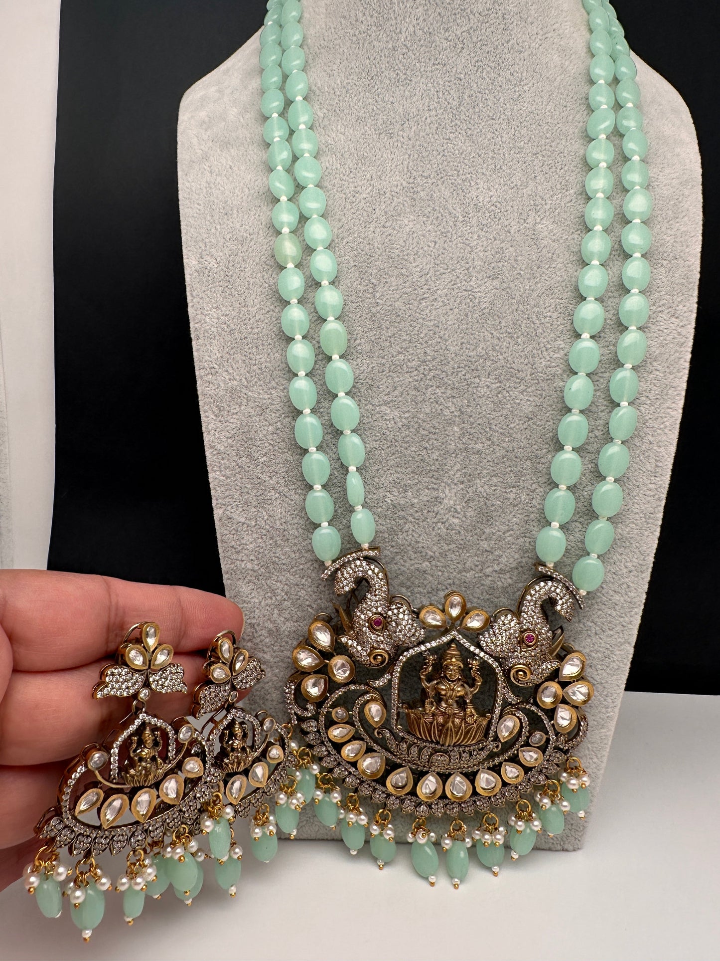 Kundan AD Goddess Lakshmi Elephant Long Necklace - MintGreen