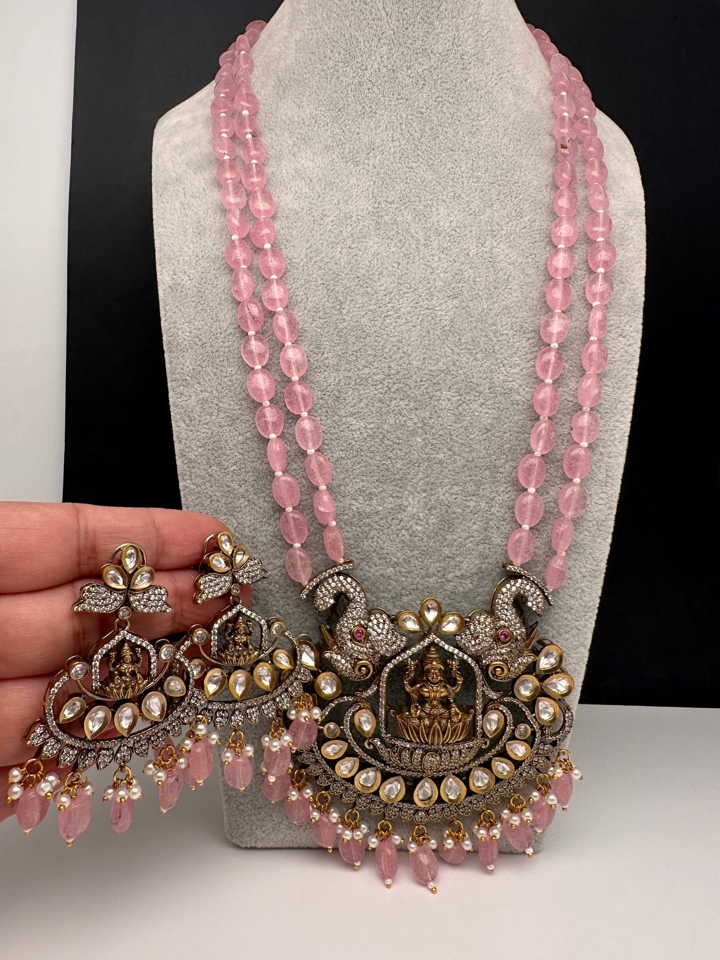 Kundan AD Goddess Lakshmi Elephant Long Necklace - Pink
