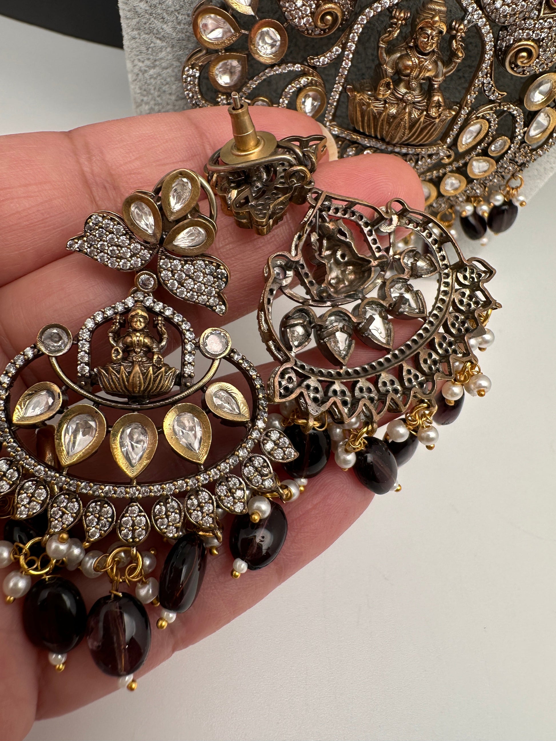 Kundan AD Goddess Lakshmi Elephant Long Necklace - Purple