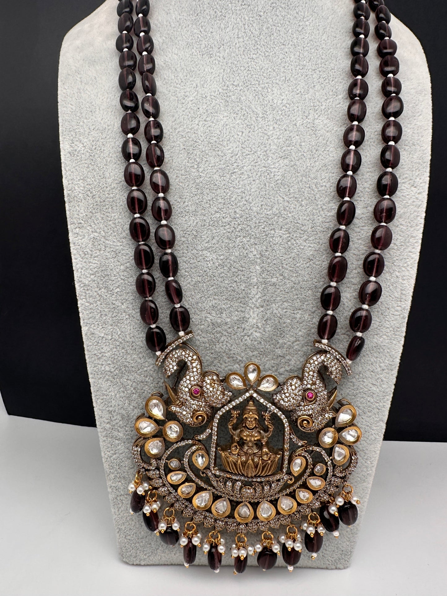 Kundan AD Goddess Lakshmi Elephant Long Necklace - Purple