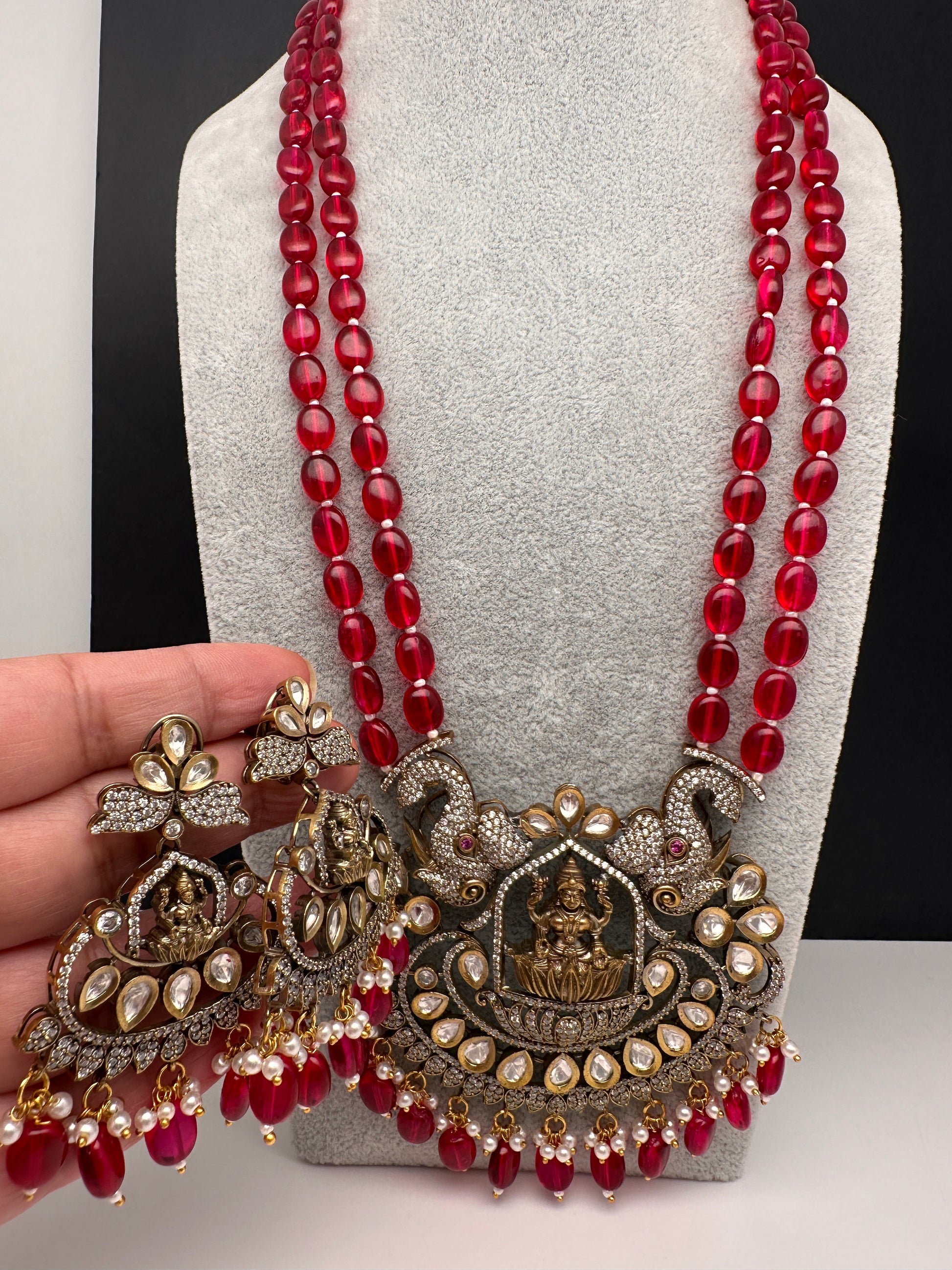 Kundan AD Goddess Lakshmi Elephant Long Necklace - Red
