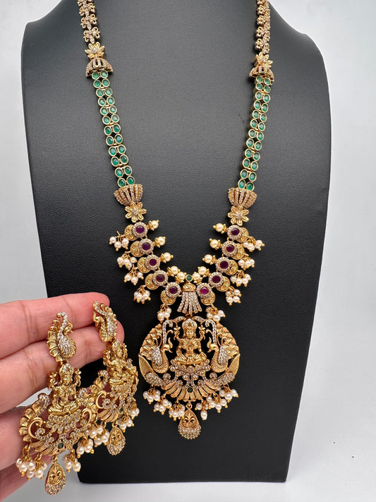 Matte Goddess Lakshmi Peacock Kempu Long Necklace