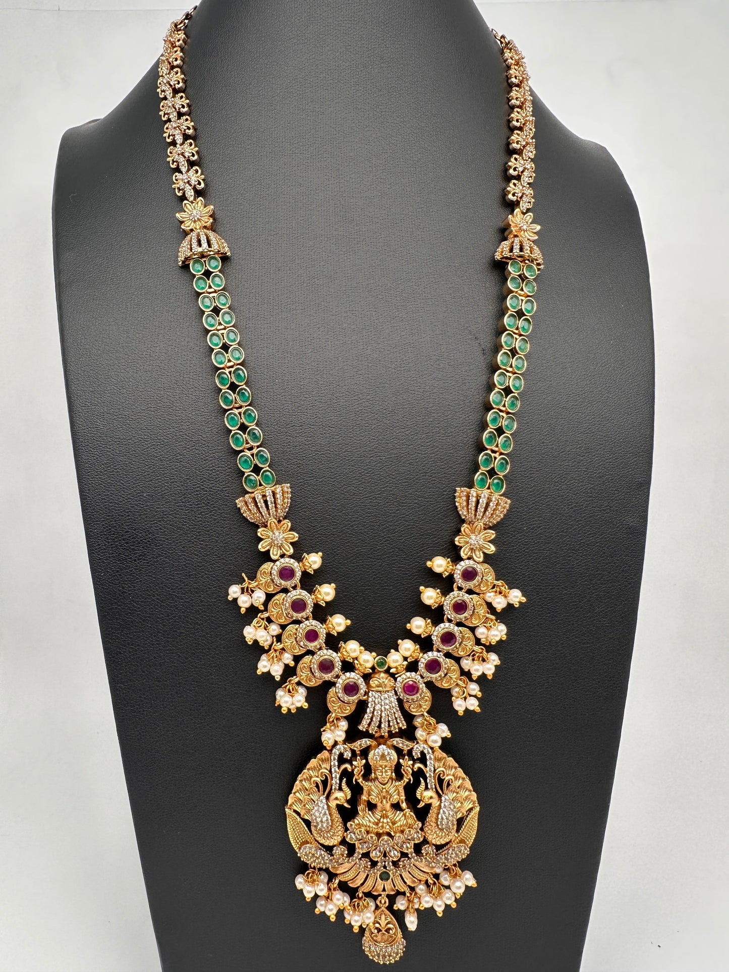 Matte Goddess Lakshmi Peacock Kempu Long Necklace