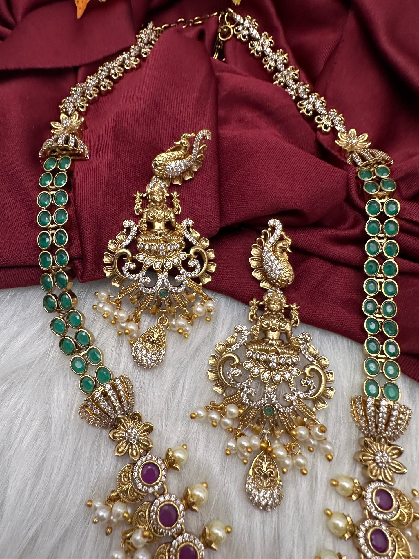 Matte Goddess Lakshmi Peacock Kempu Long Necklace
