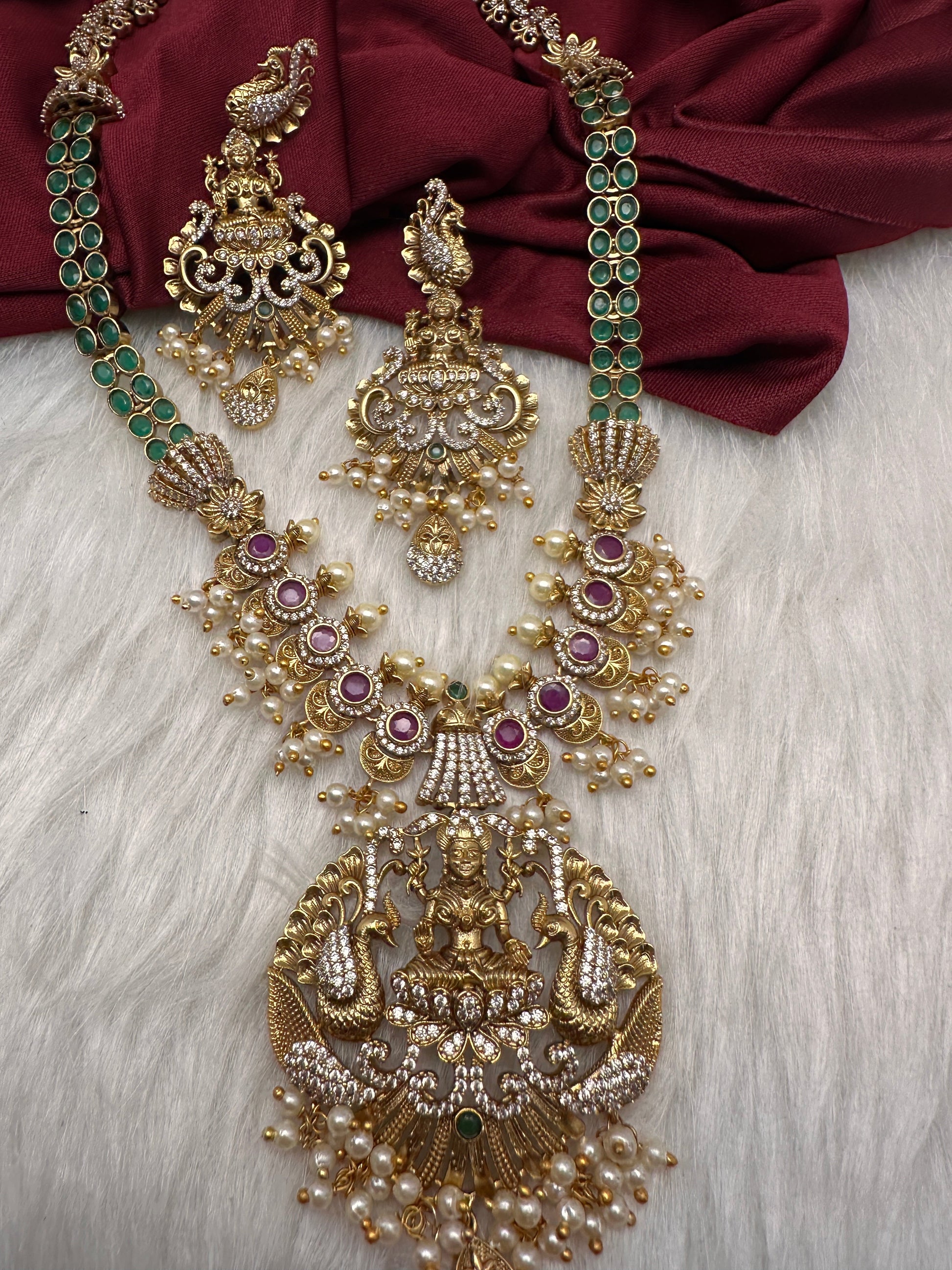 Matte Goddess Lakshmi Peacock Kempu Long Necklace