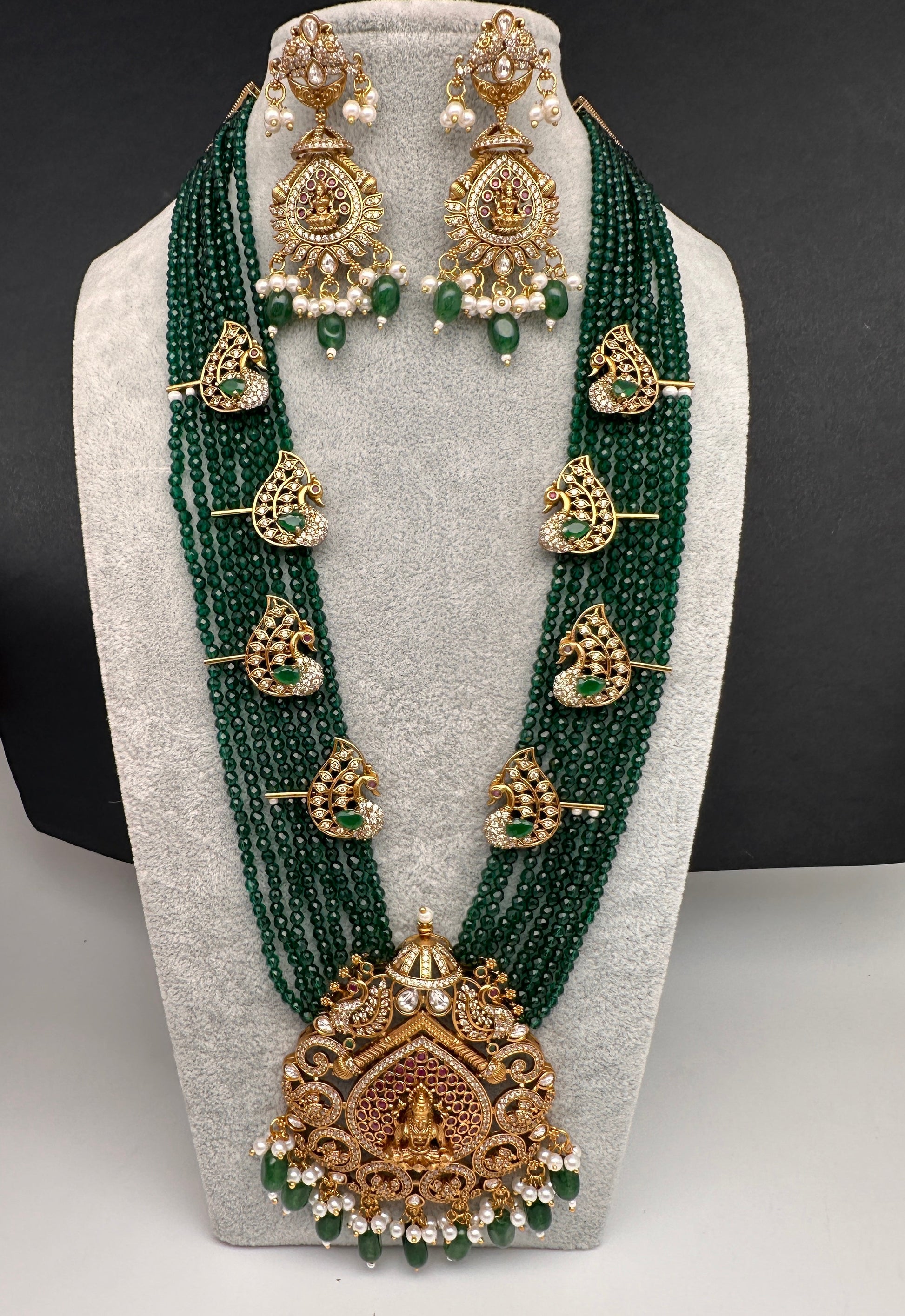 Goddess Lakshmi Onyx Crystal Beads Long Necklace - Green