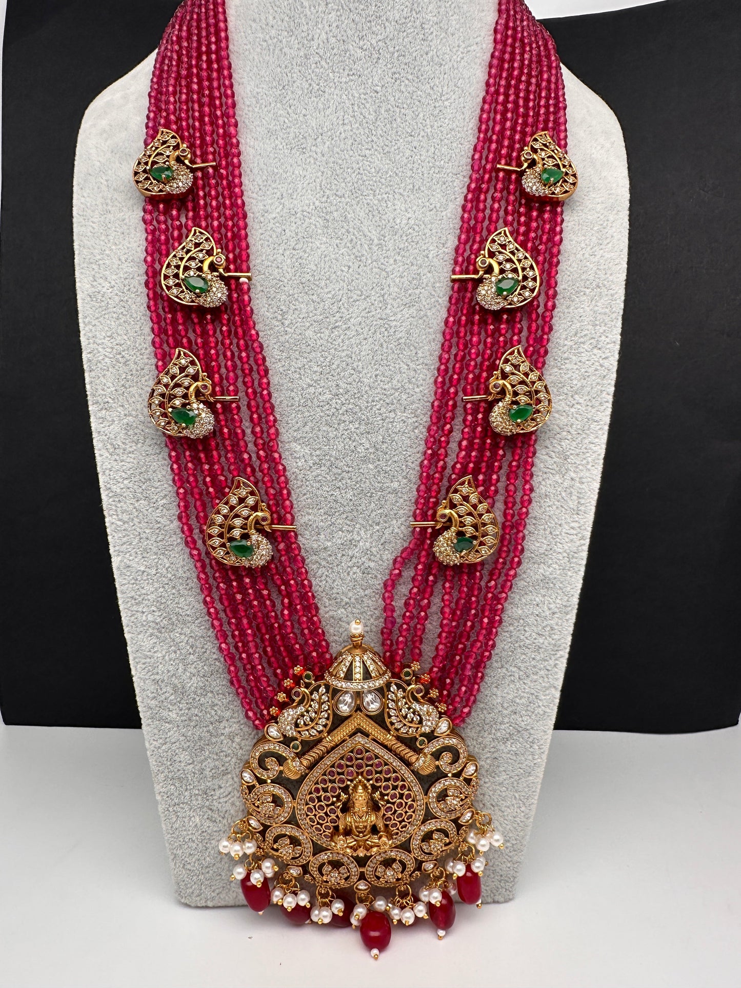 Goddess Lakshmi Onyx Crystal Beads Long Necklace - Red