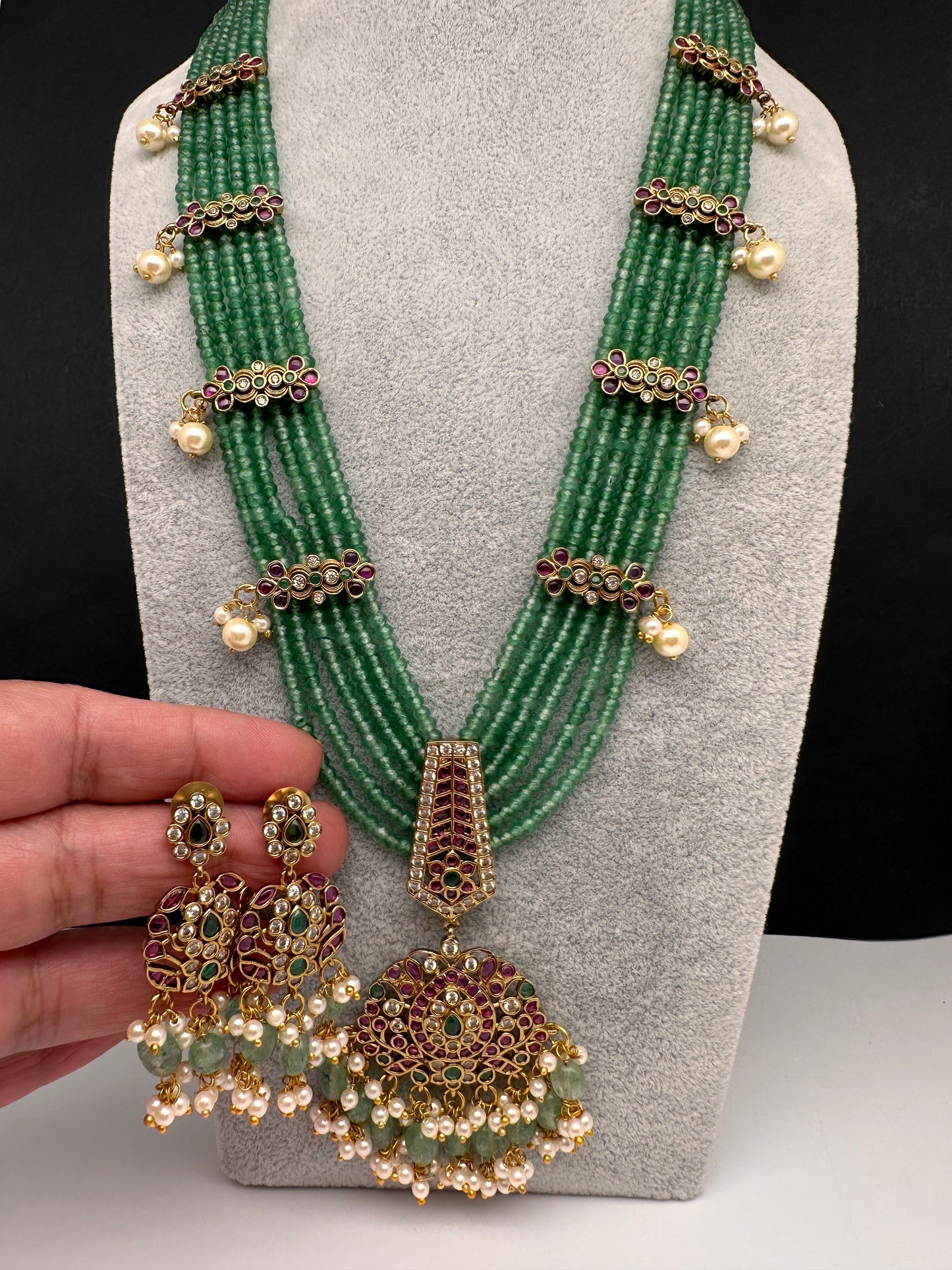 Kempu Onyx Beads Long Necklace - MintGreen