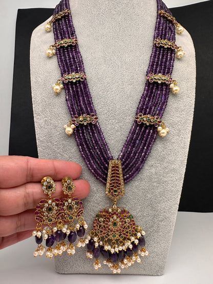 Kempu Onyx Beads Long Necklace - Purple