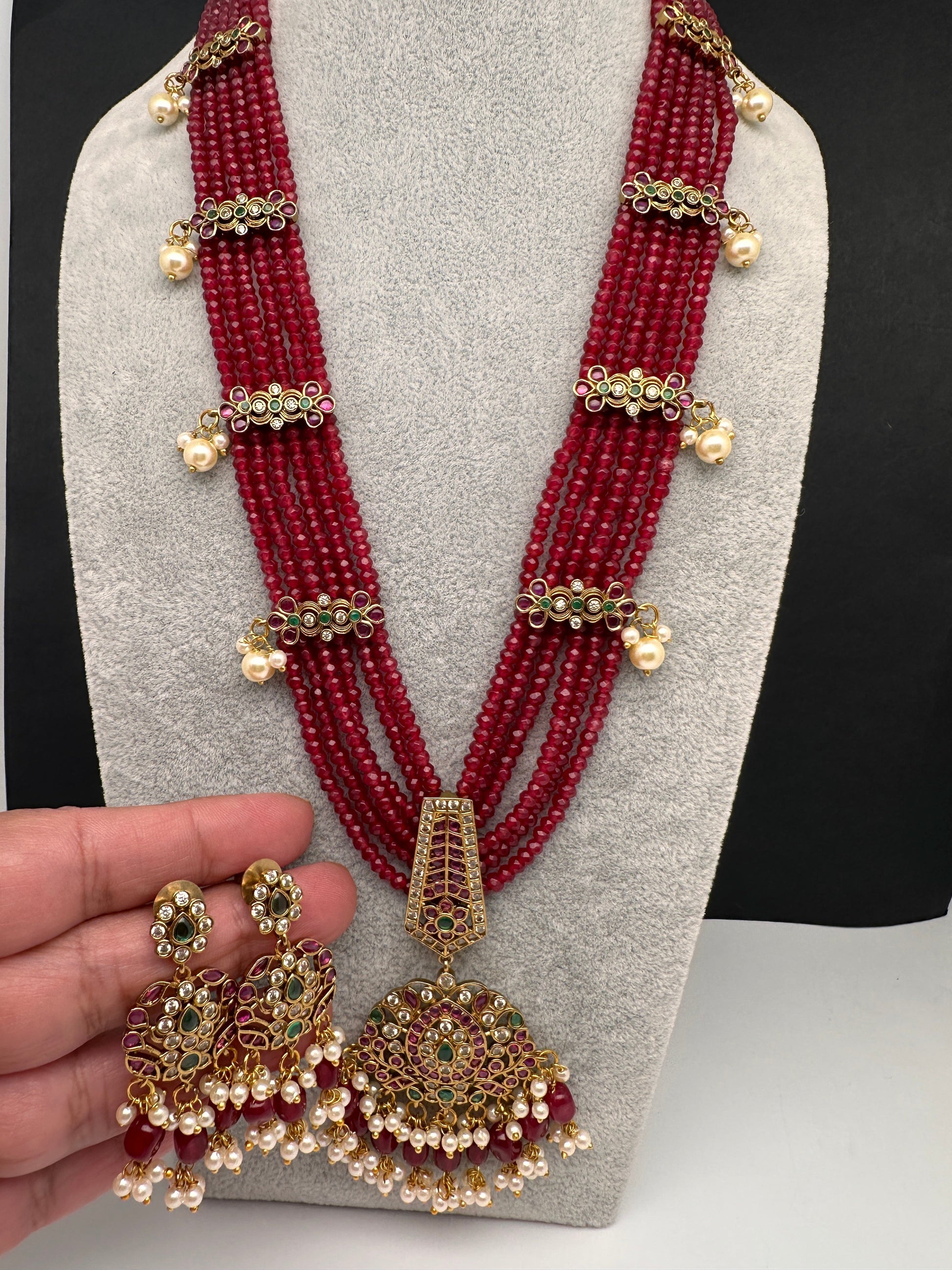 Kempu Onyx Beads Long Necklace - Red
