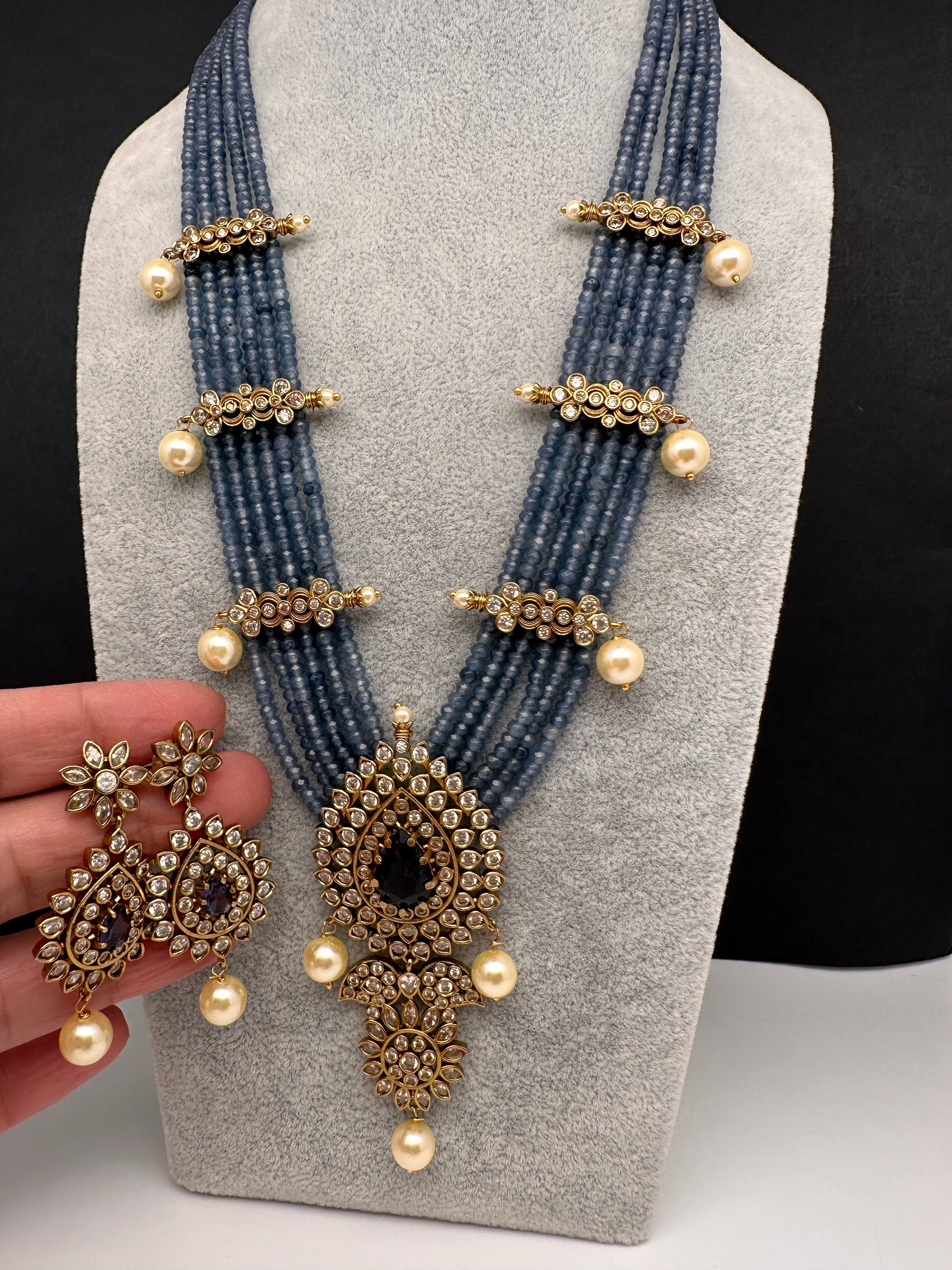 CZ Onyx Beads Long Necklace - Blue