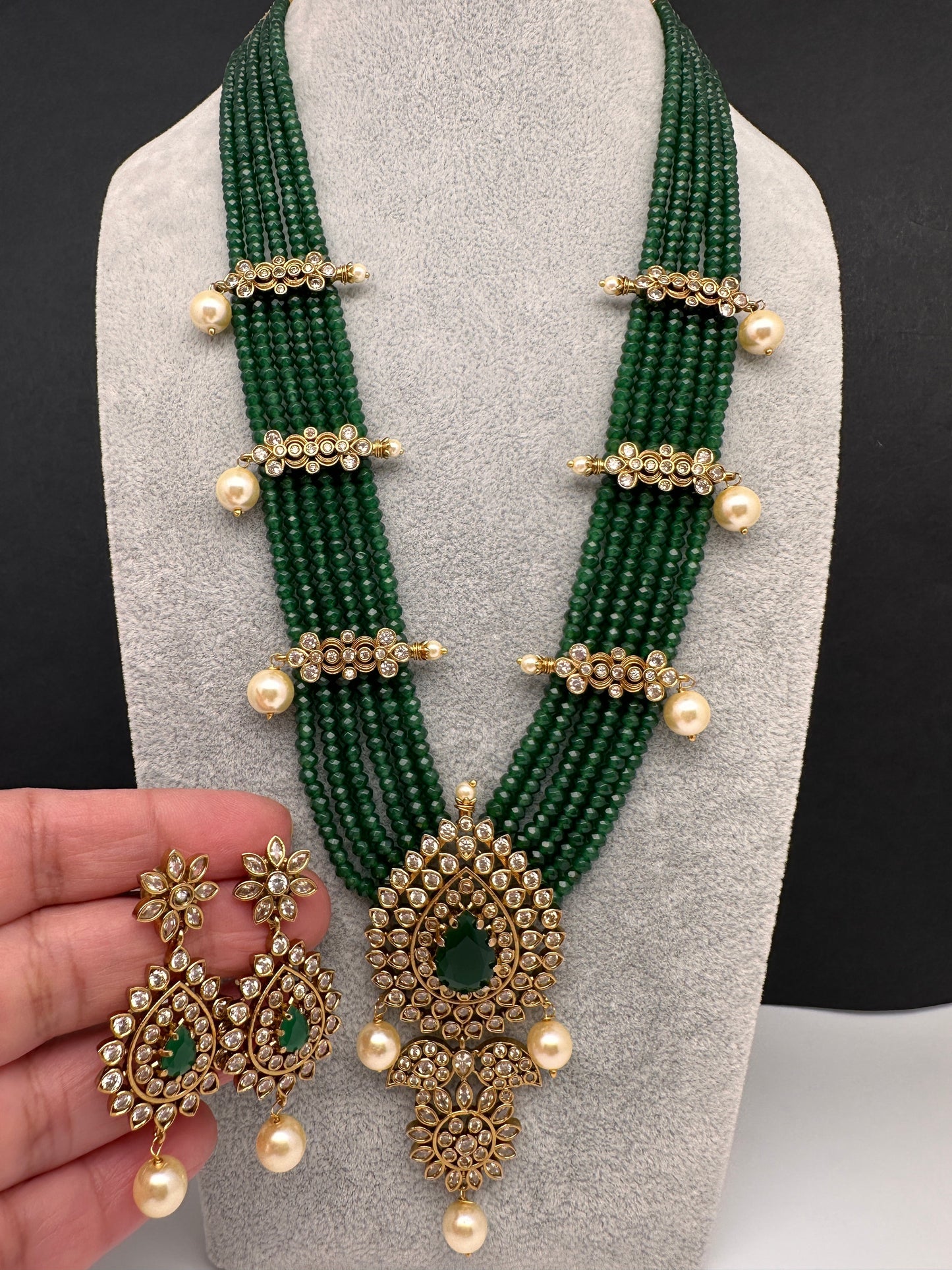 CZ Onyx Beads Long Necklace - Green