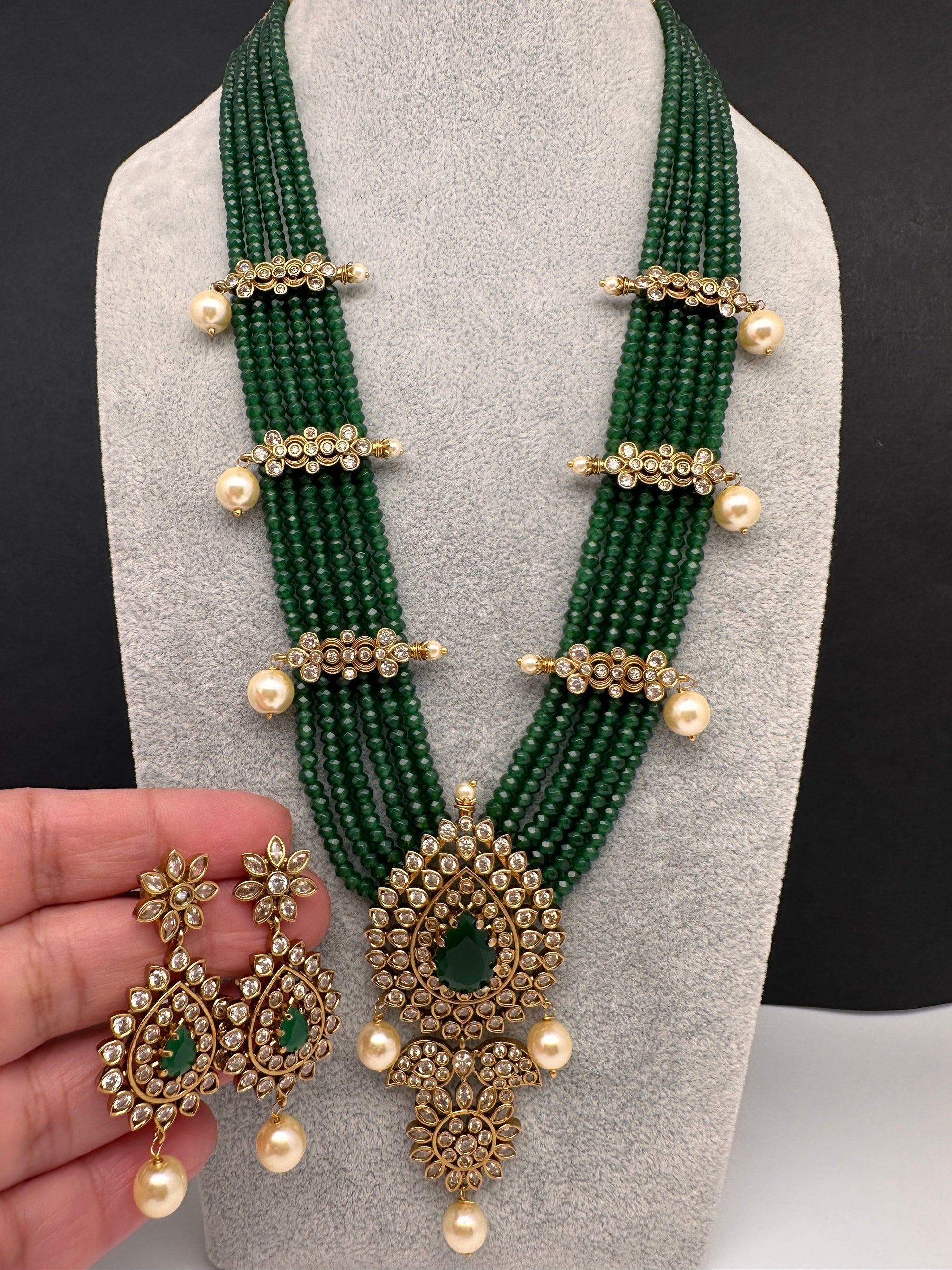CZ Onyx Beads Long Necklace - Green