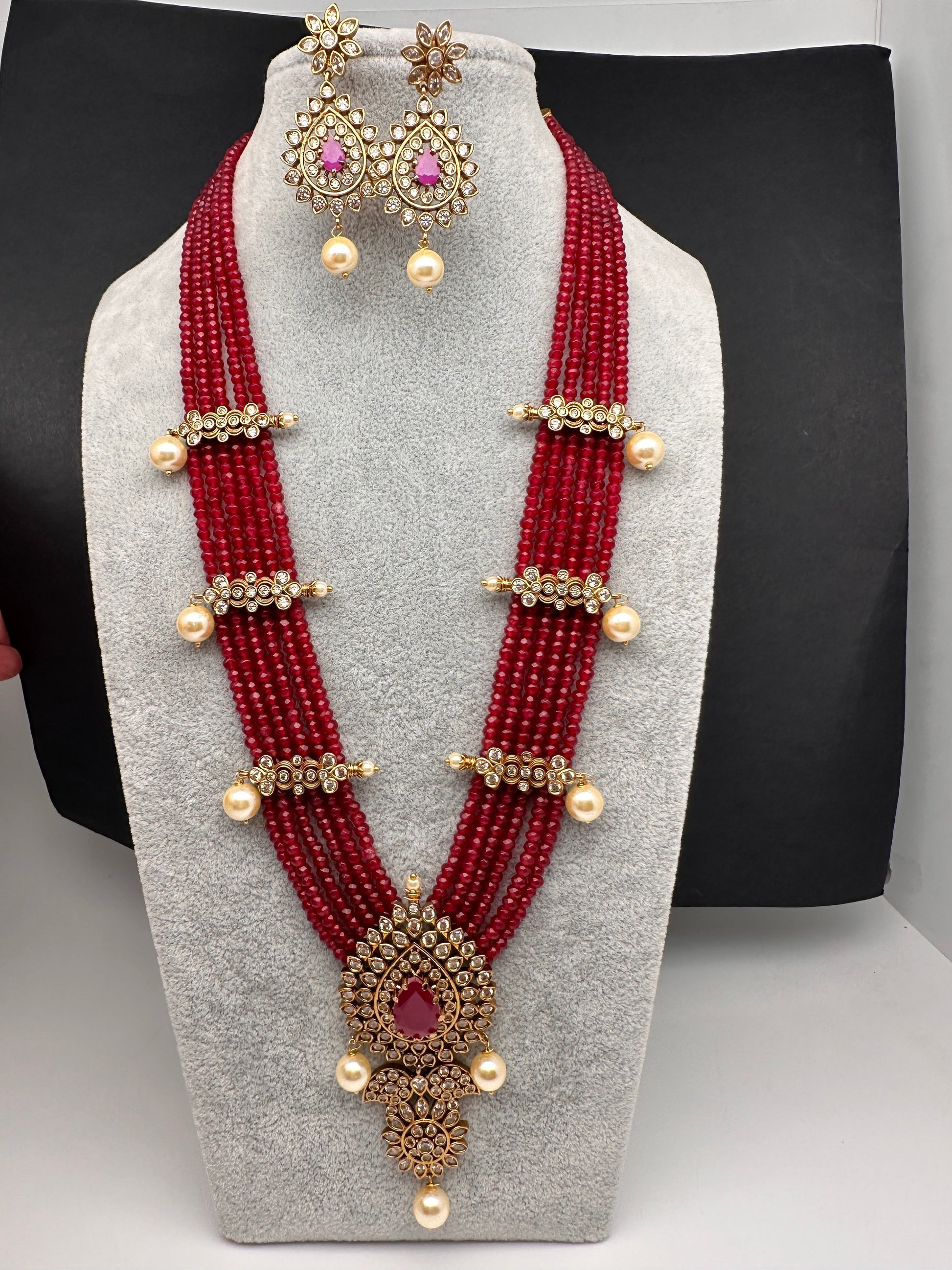 CZ Onyx Beads Long Necklace - Red