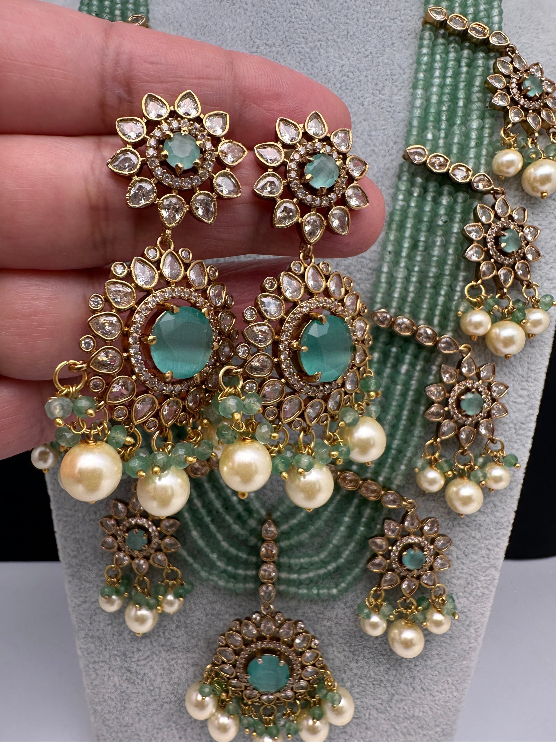 CZ Onyx Crystal Beads Long Color Stone Necklace - MintGreen