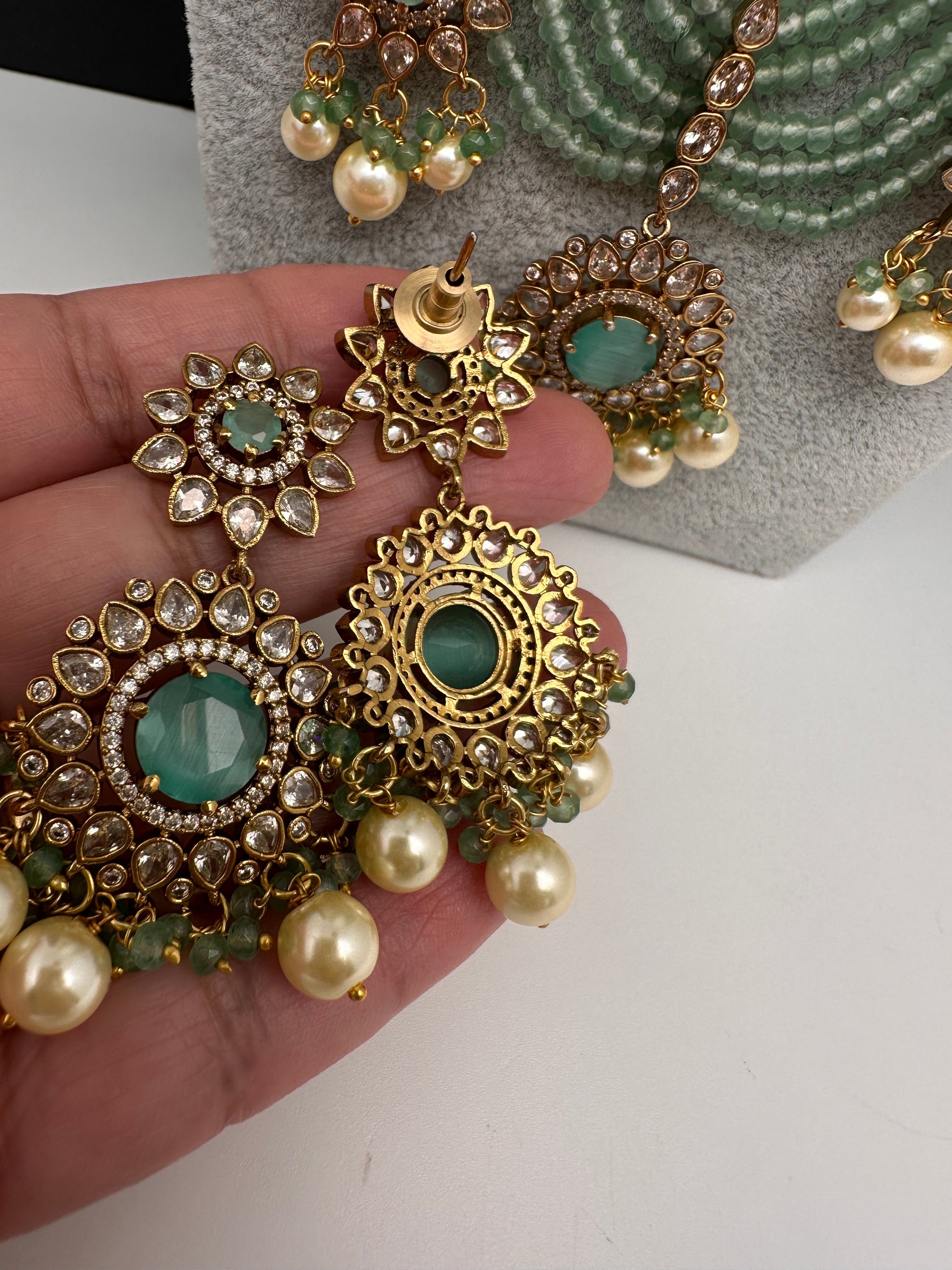 CZ Onyx Crystal Beads Long Color Stone Necklace - MintGreen