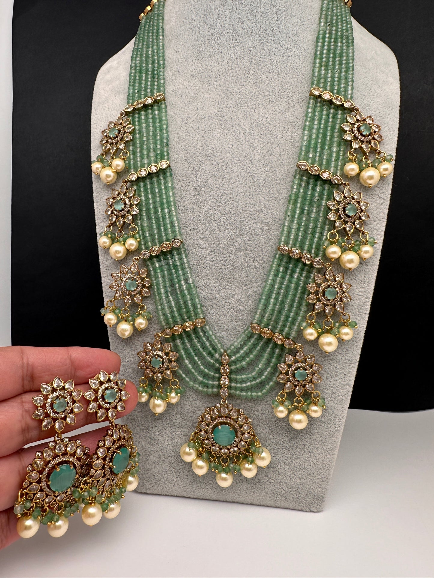CZ Onyx Crystal Beads Long Color Stone Necklace - MintGreen