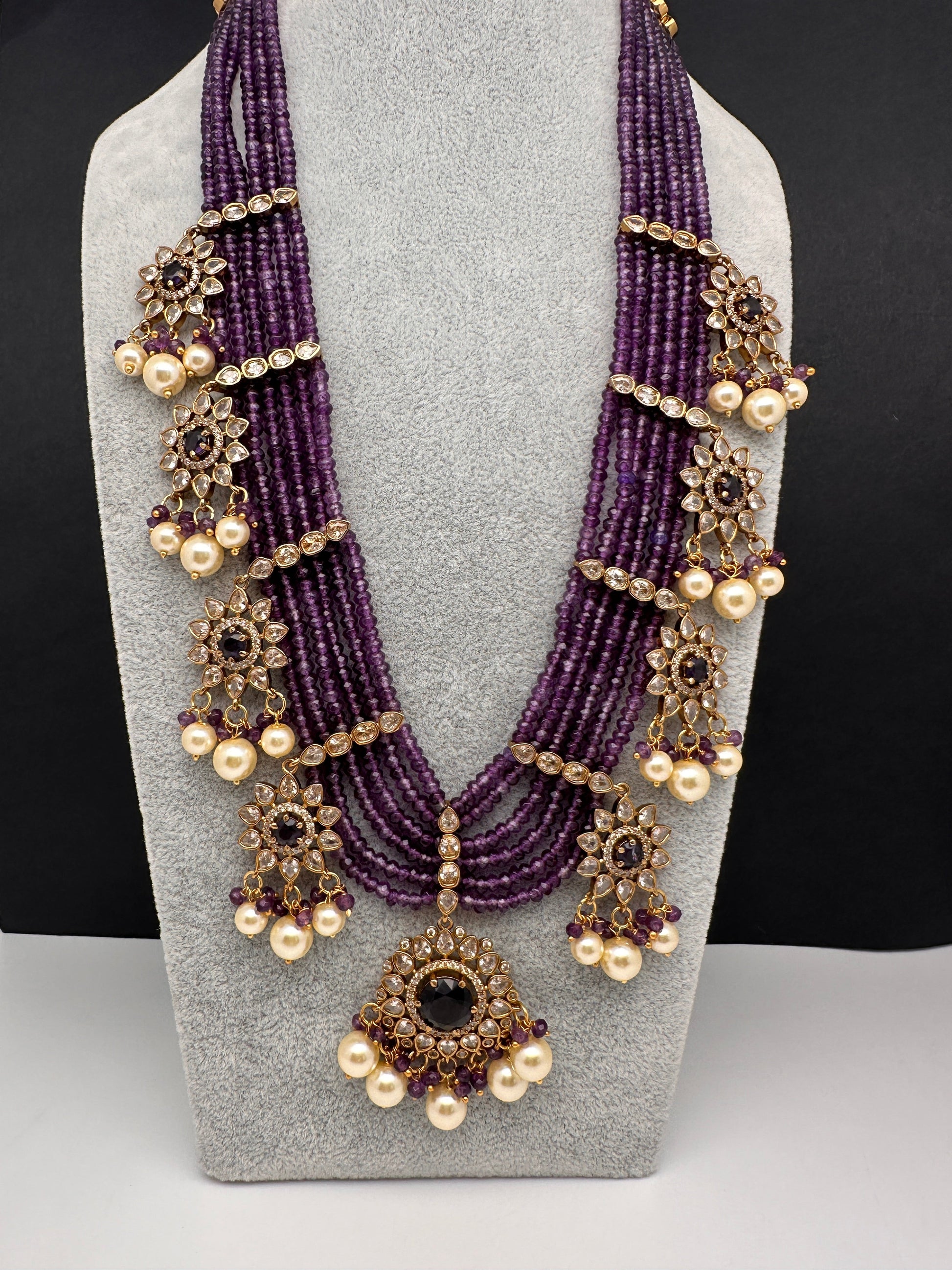 CZ Onyx Crystal Beads Long Color Stone Necklace - Purple