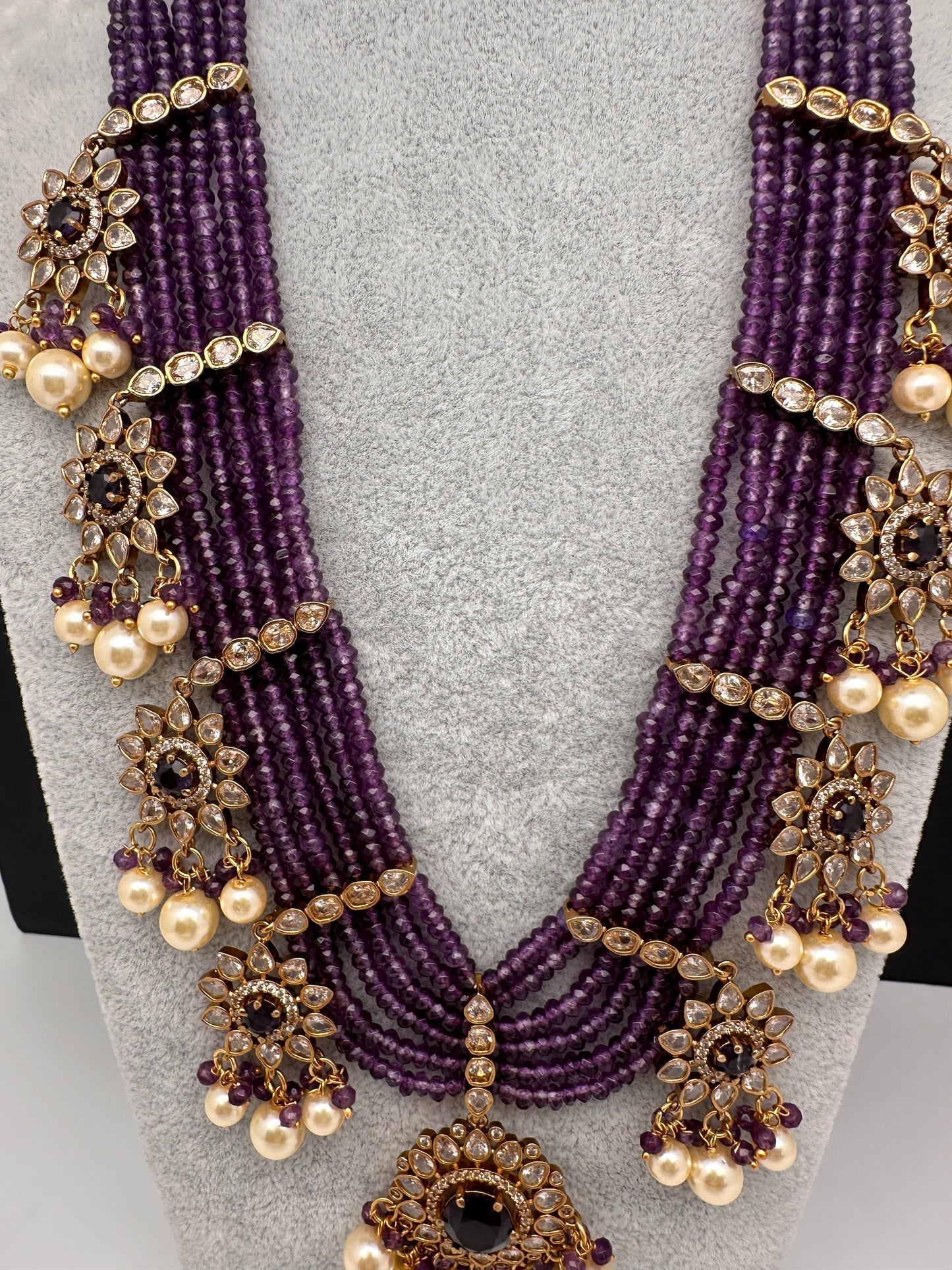 CZ Onyx Crystal Beads Long Color Stone Necklace - Purple