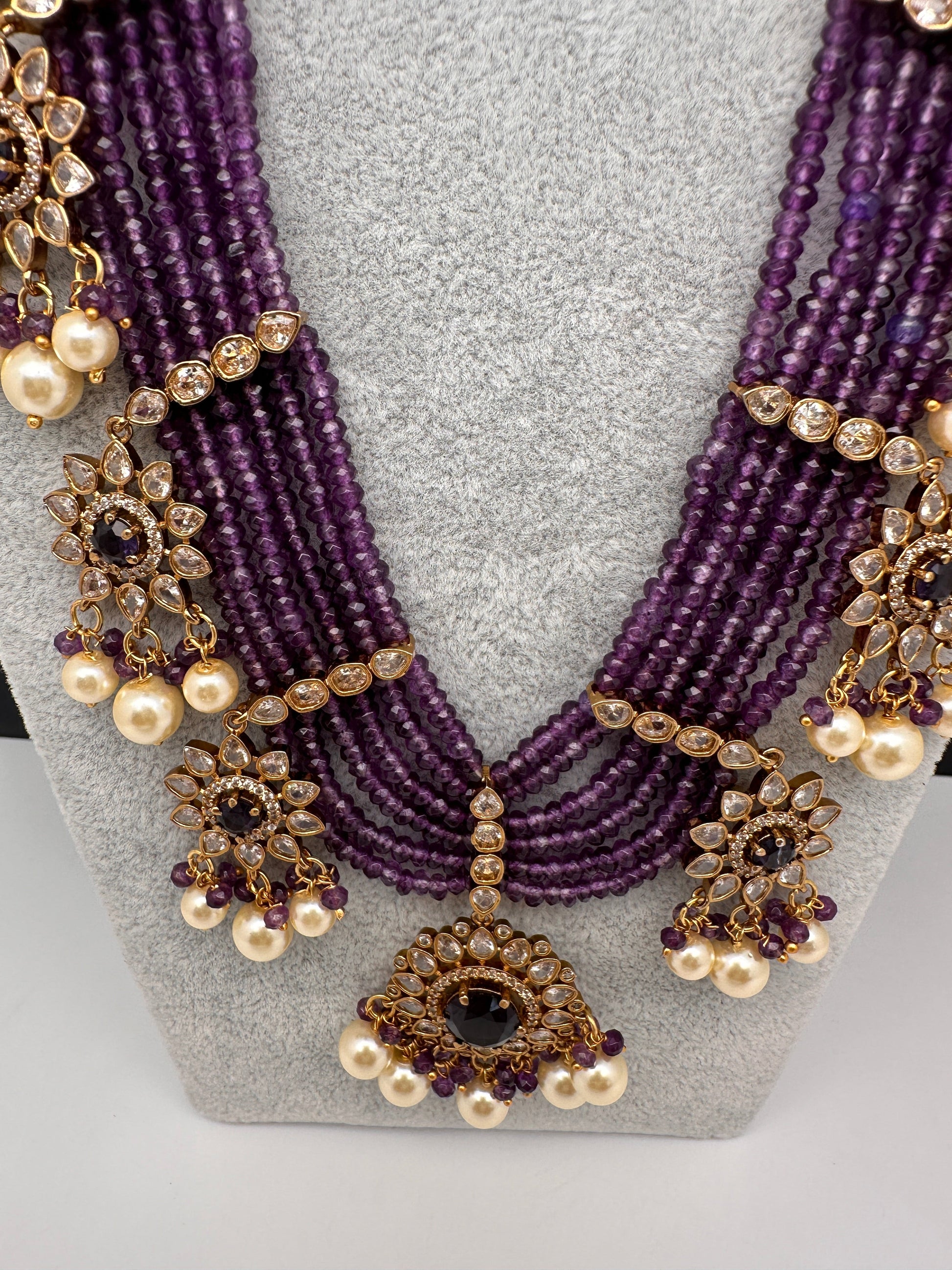 CZ Onyx Crystal Beads Long Color Stone Necklace - Purple