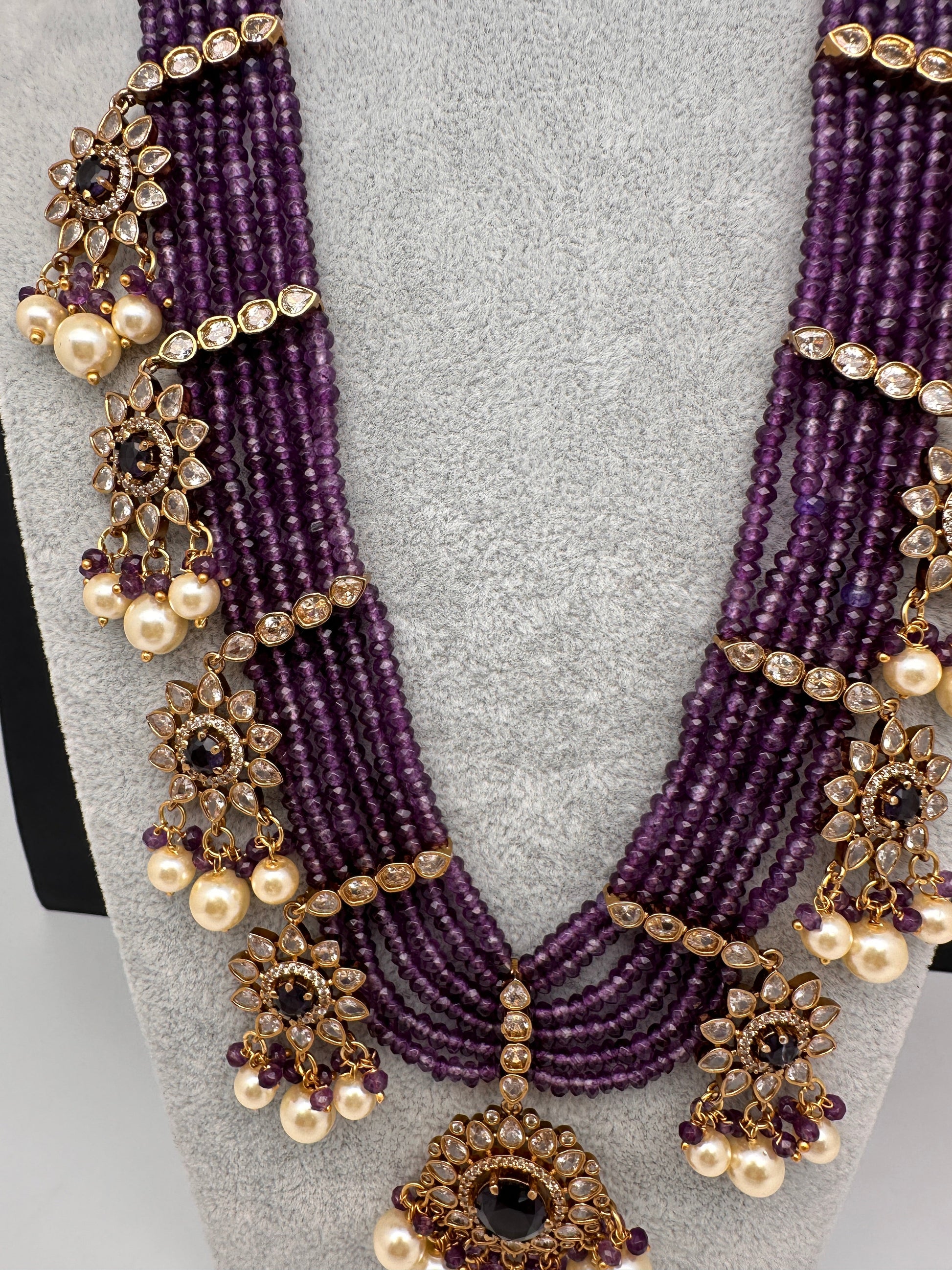 CZ Onyx Crystal Beads Long Color Stone Necklace - Purple