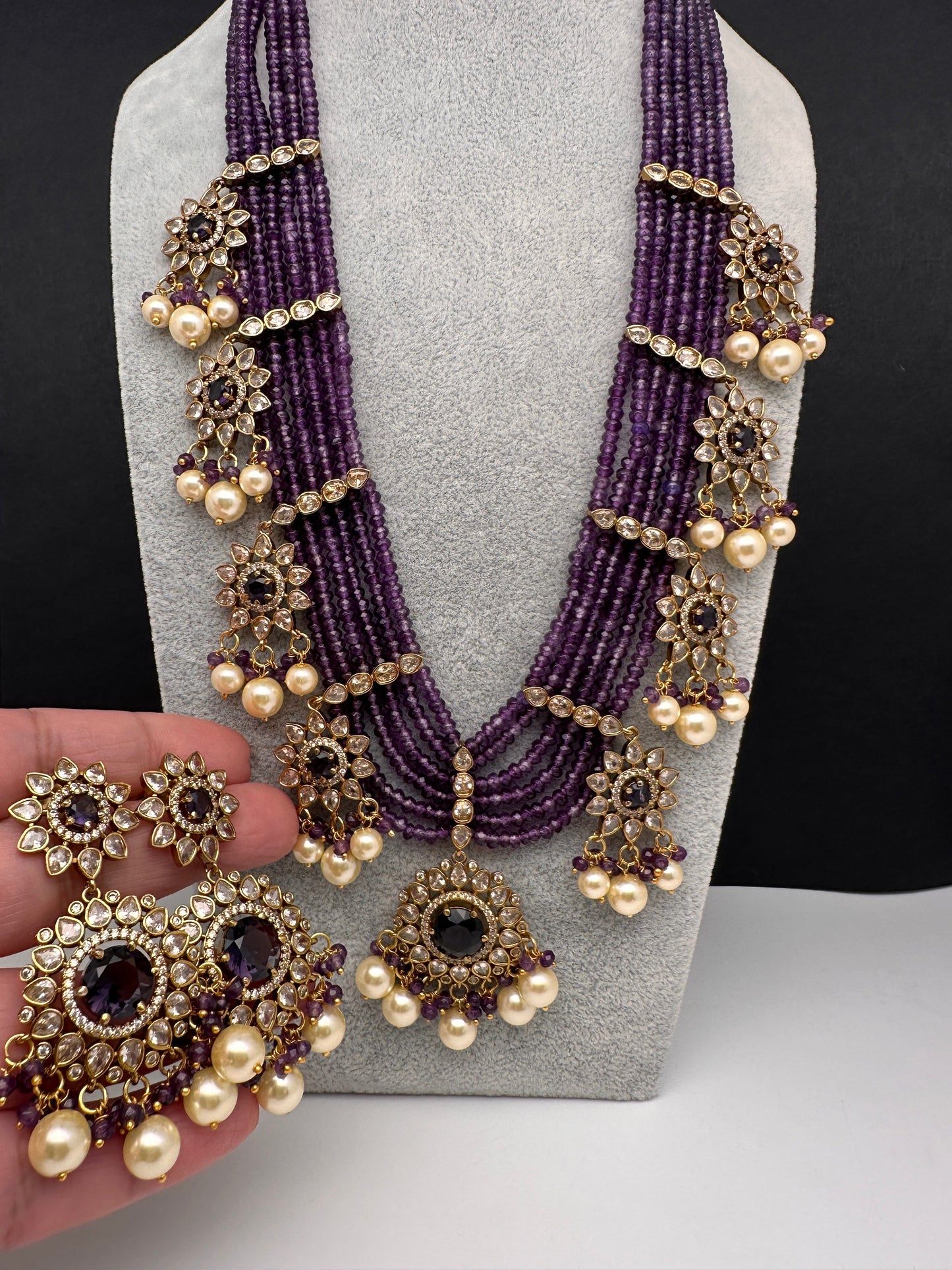 CZ Onyx Crystal Beads Long Color Stone Necklace - Purple
