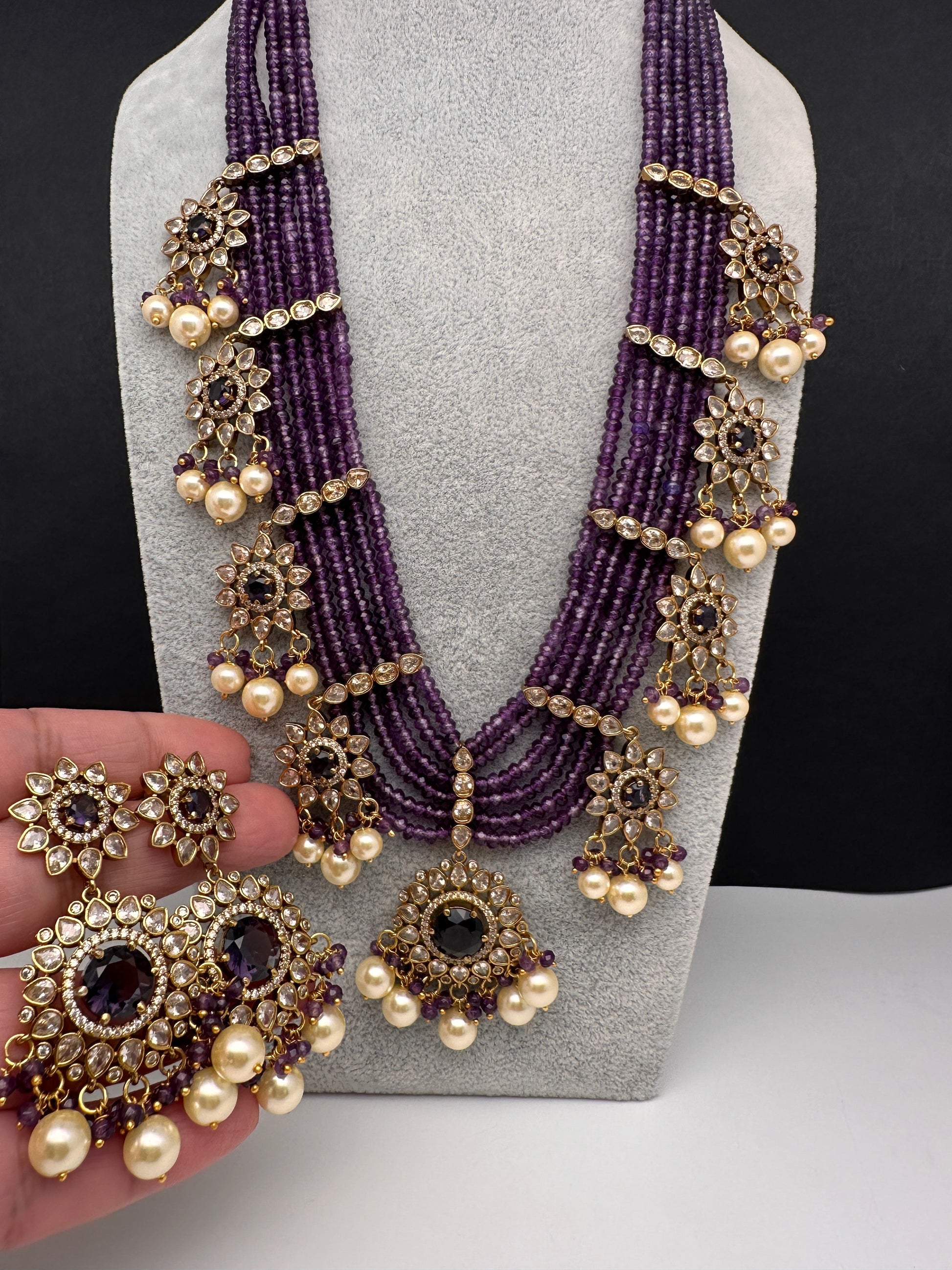 CZ Onyx Crystal Beads Long Color Stone Necklace - Purple