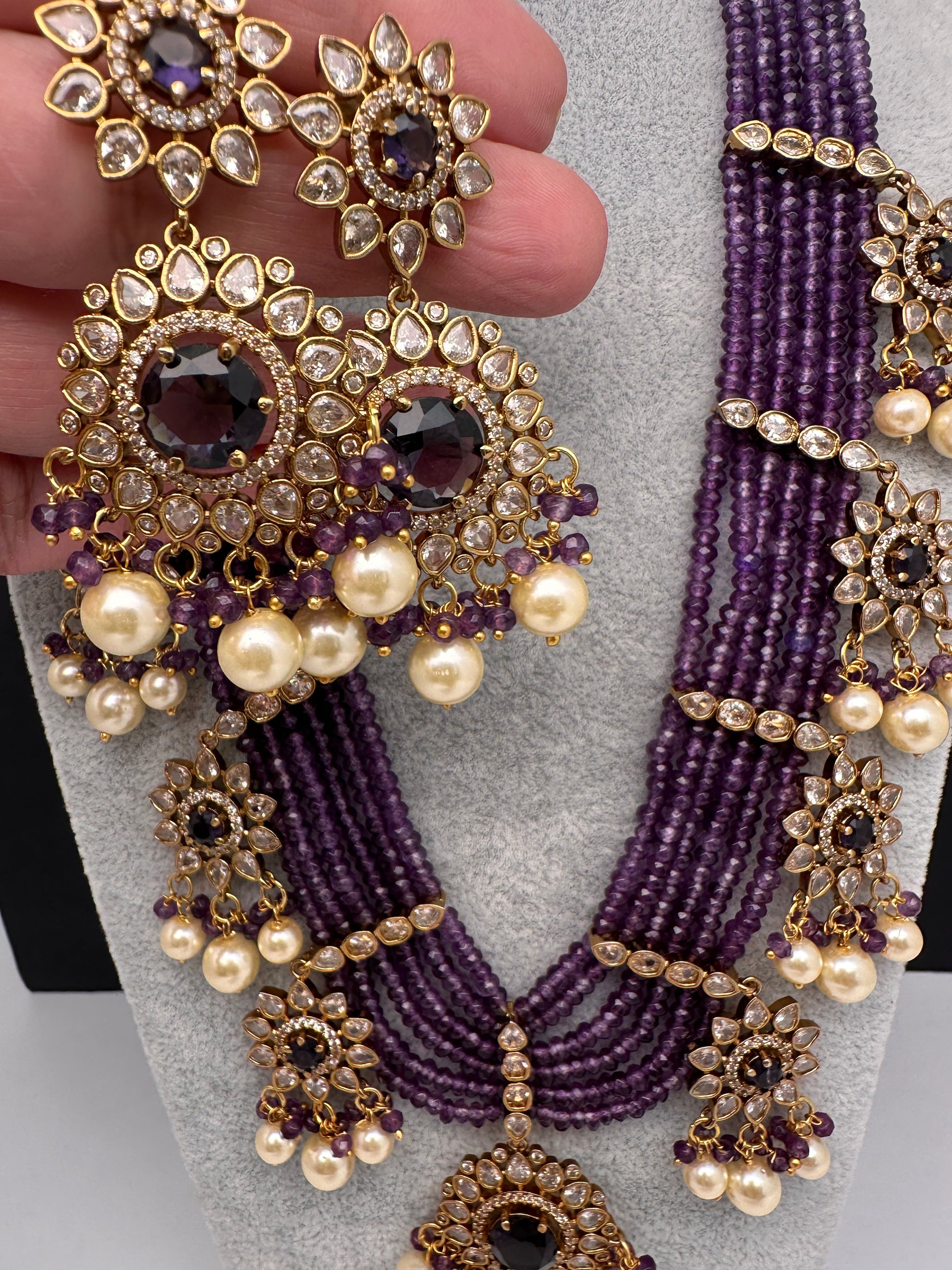 CZ Onyx Crystal Beads Long Color Stone Necklace - Purple