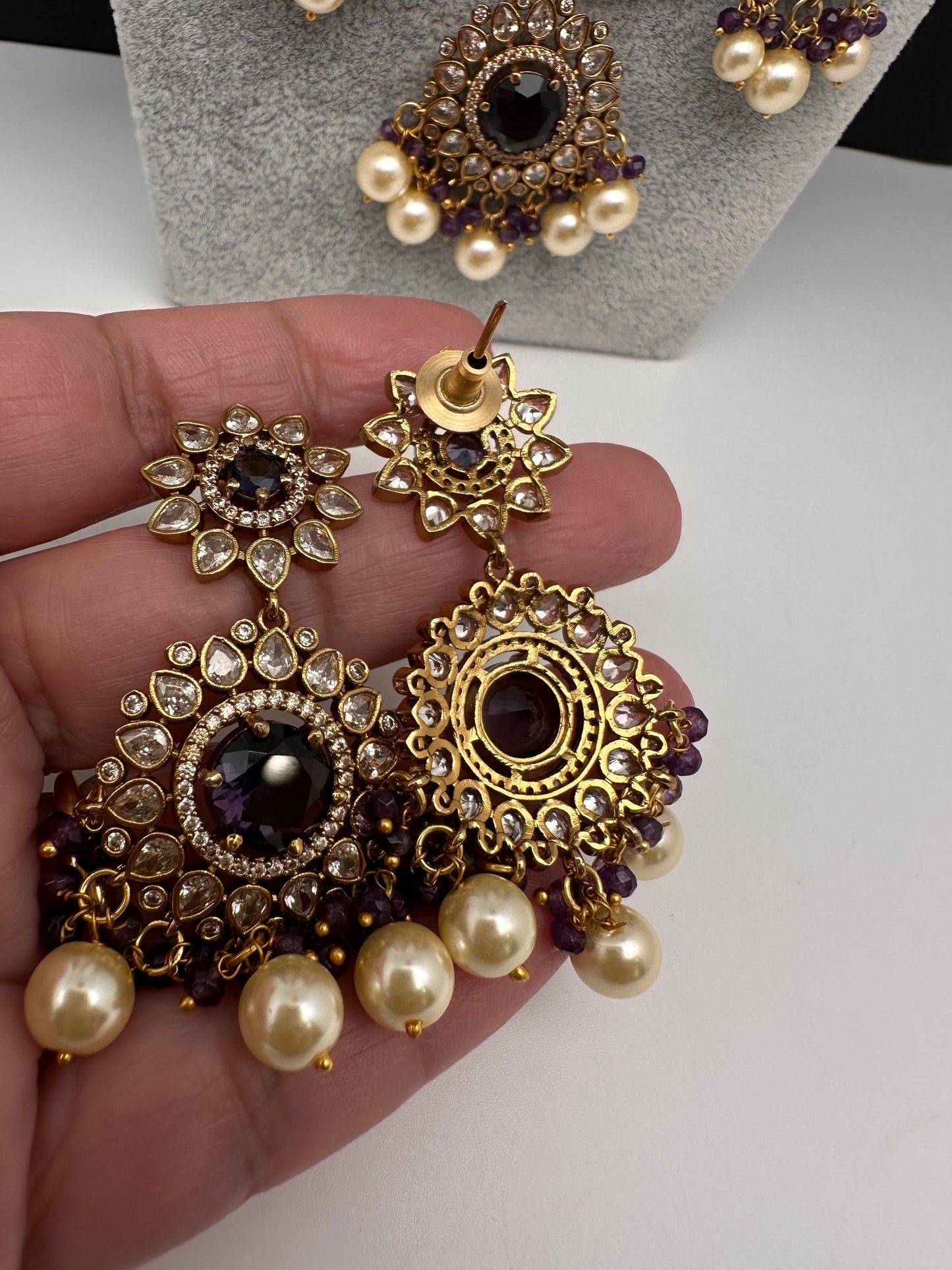 CZ Onyx Crystal Beads Long Color Stone Necklace - Purple