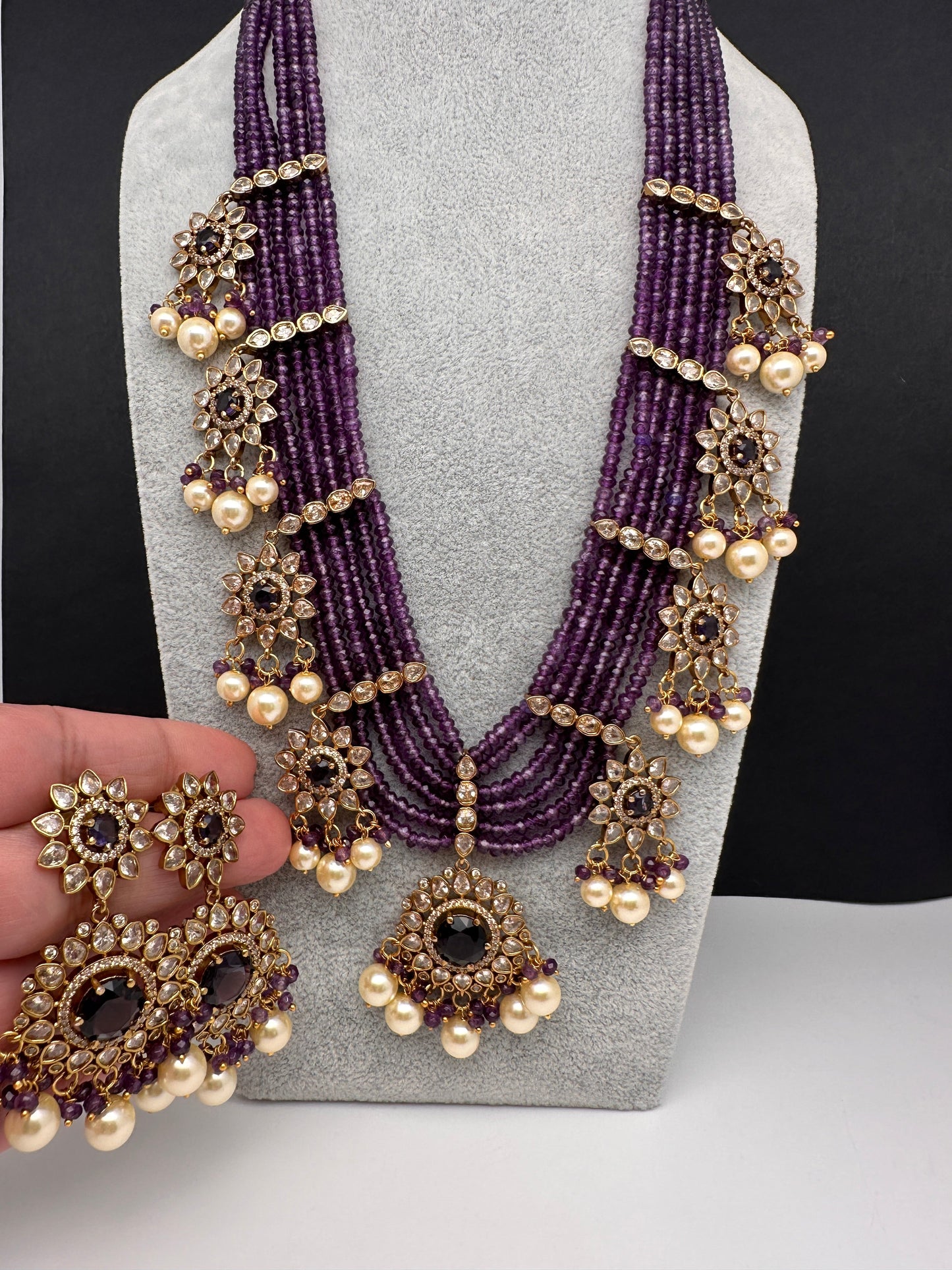 CZ Onyx Crystal Beads Long Color Stone Necklace - Purple