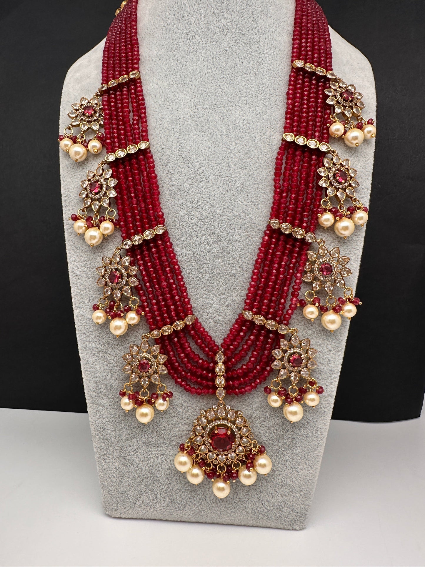 CZ Onyx Crystal Beads Long Color Stone Necklace - Red