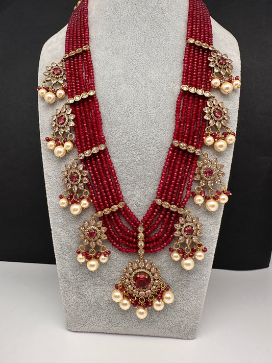 CZ Onyx Crystal Beads Long Color Stone Necklace - Red