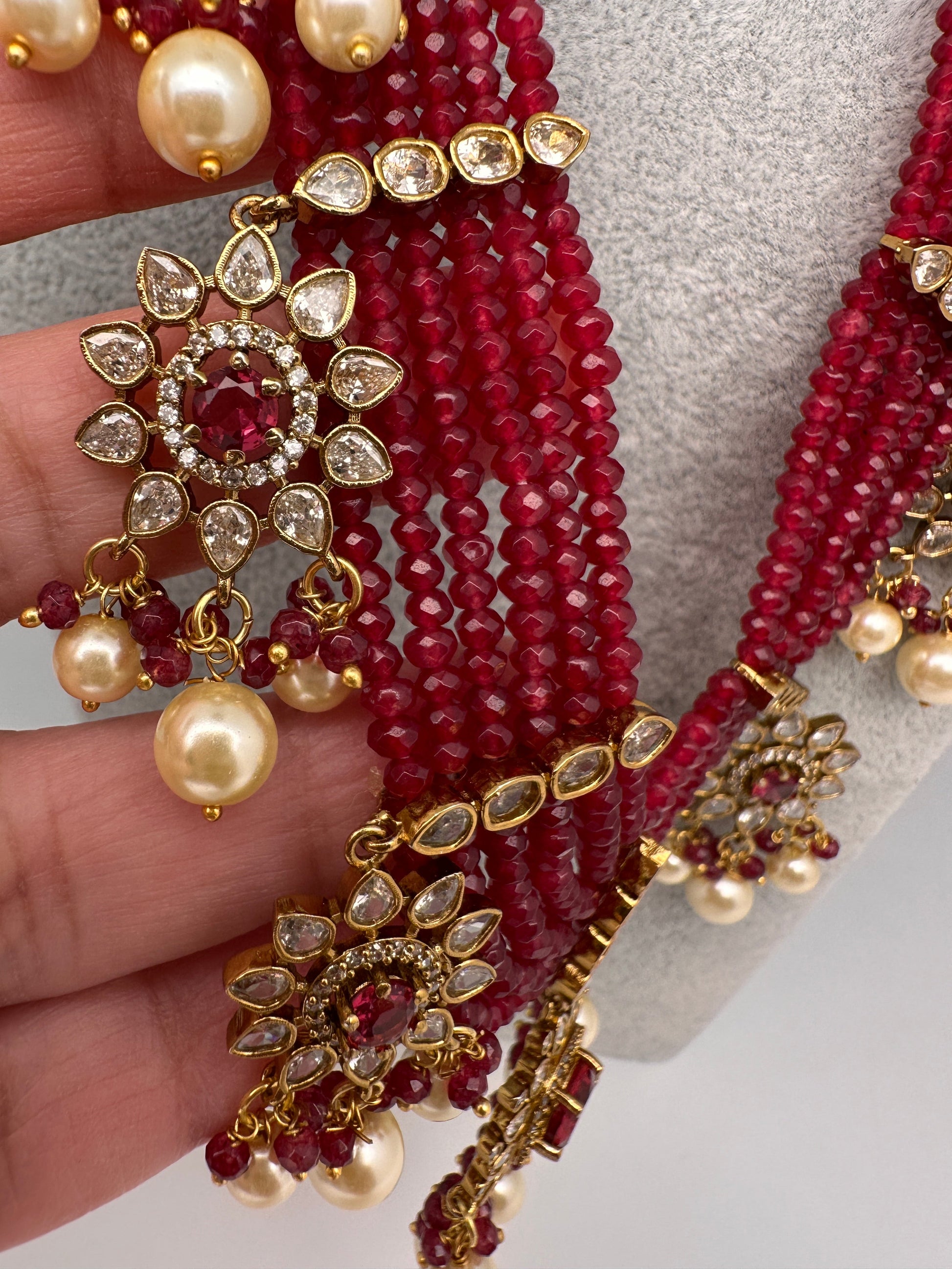 CZ Onyx Crystal Beads Long Color Stone Necklace - Red