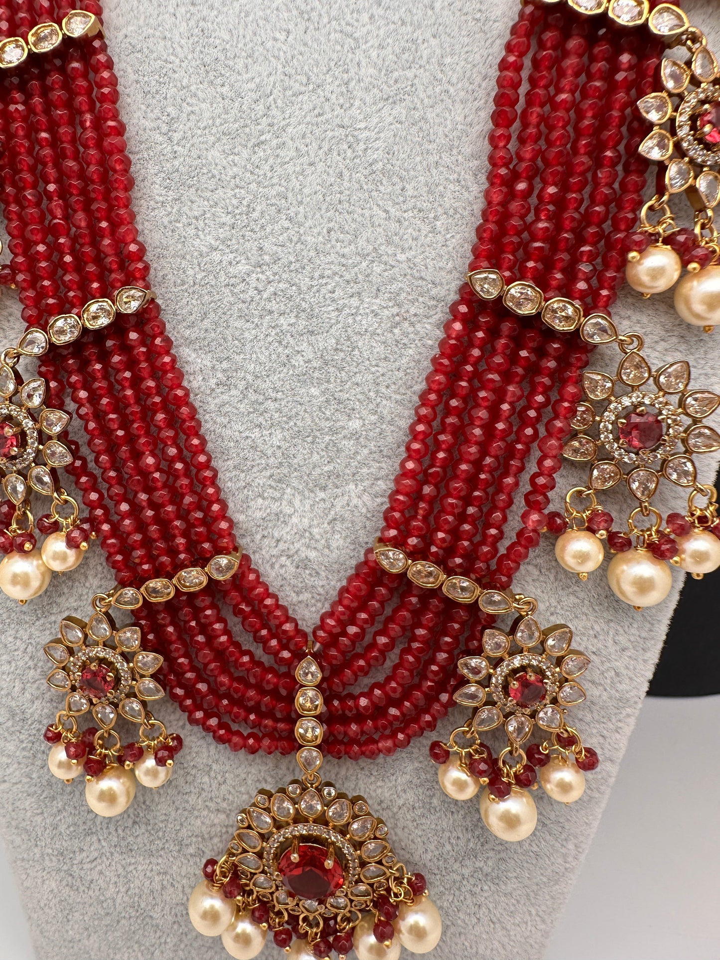 CZ Onyx Crystal Beads Long Color Stone Necklace - Red