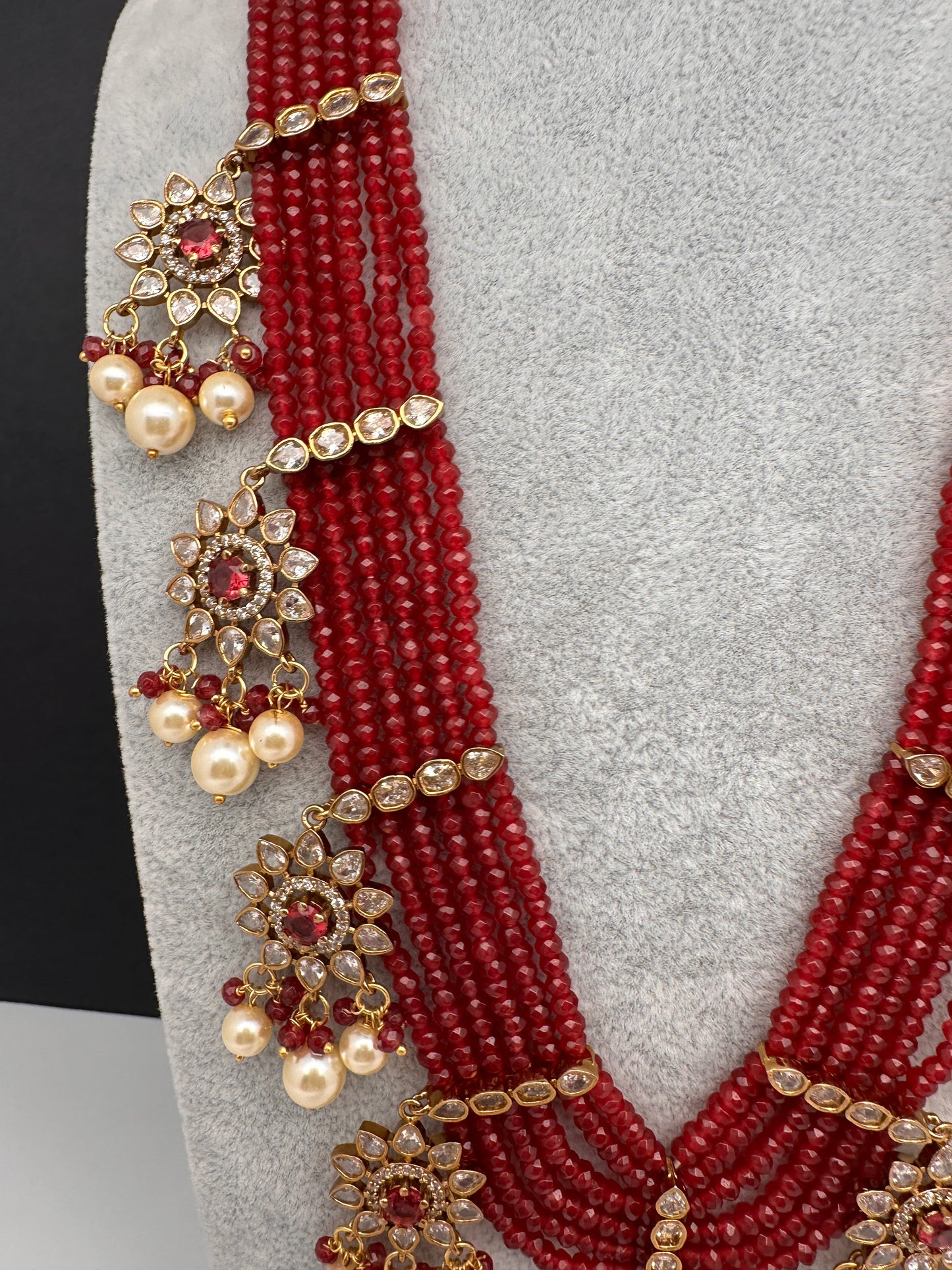 CZ Onyx Crystal Beads Long Color Stone Necklace - Red