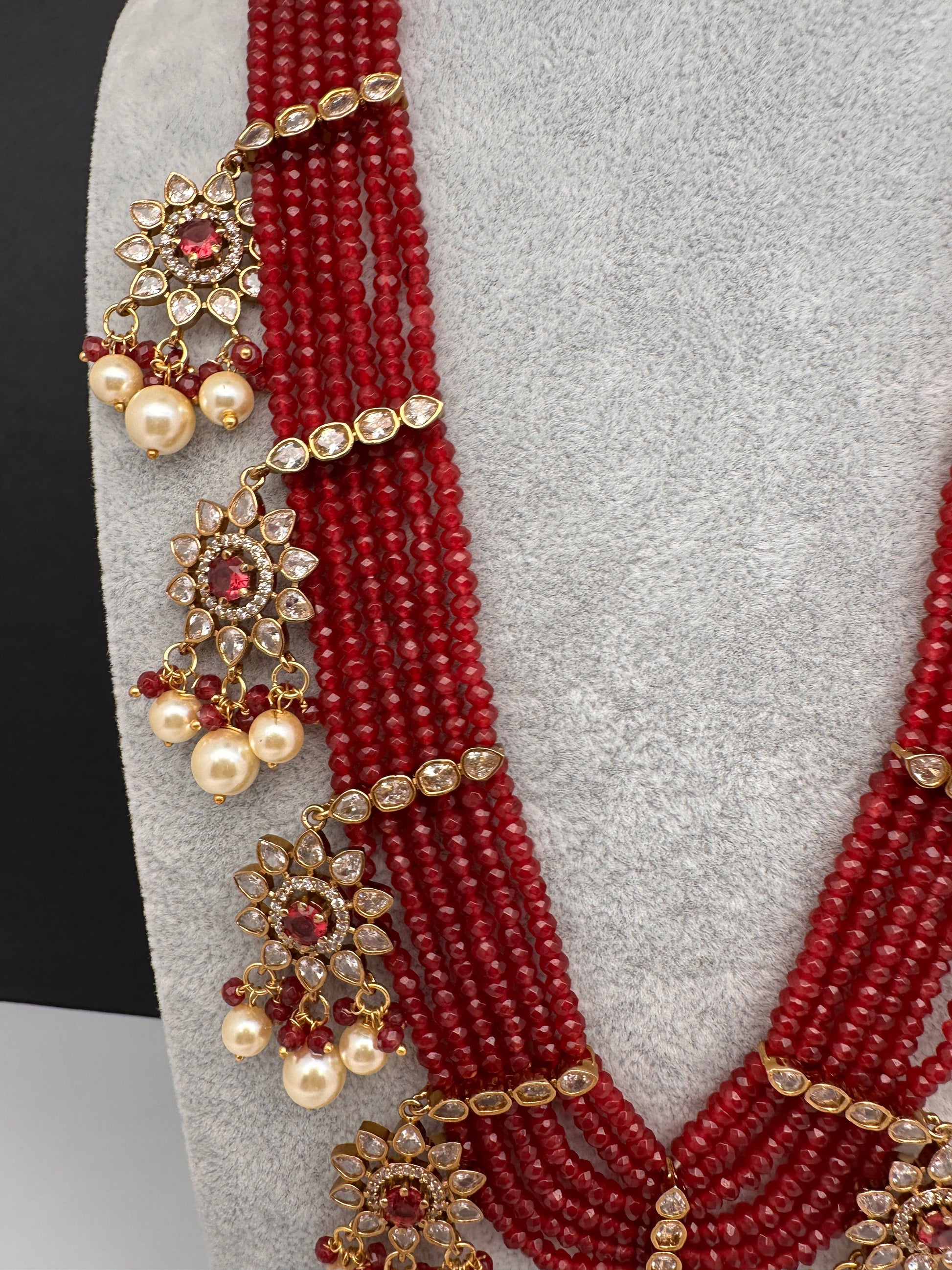 CZ Onyx Crystal Beads Long Color Stone Necklace - Red