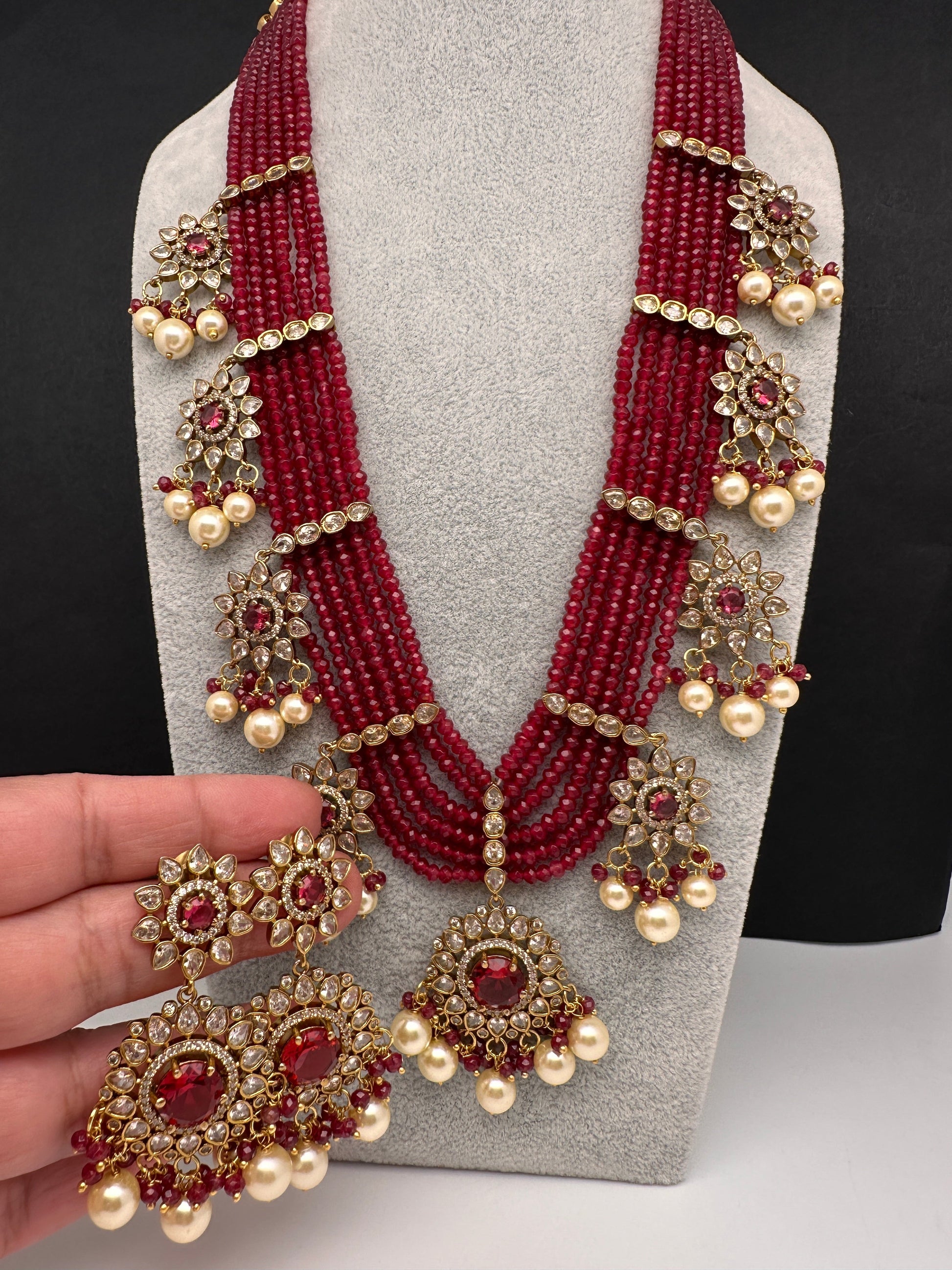 CZ Onyx Crystal Beads Long Color Stone Necklace - Red