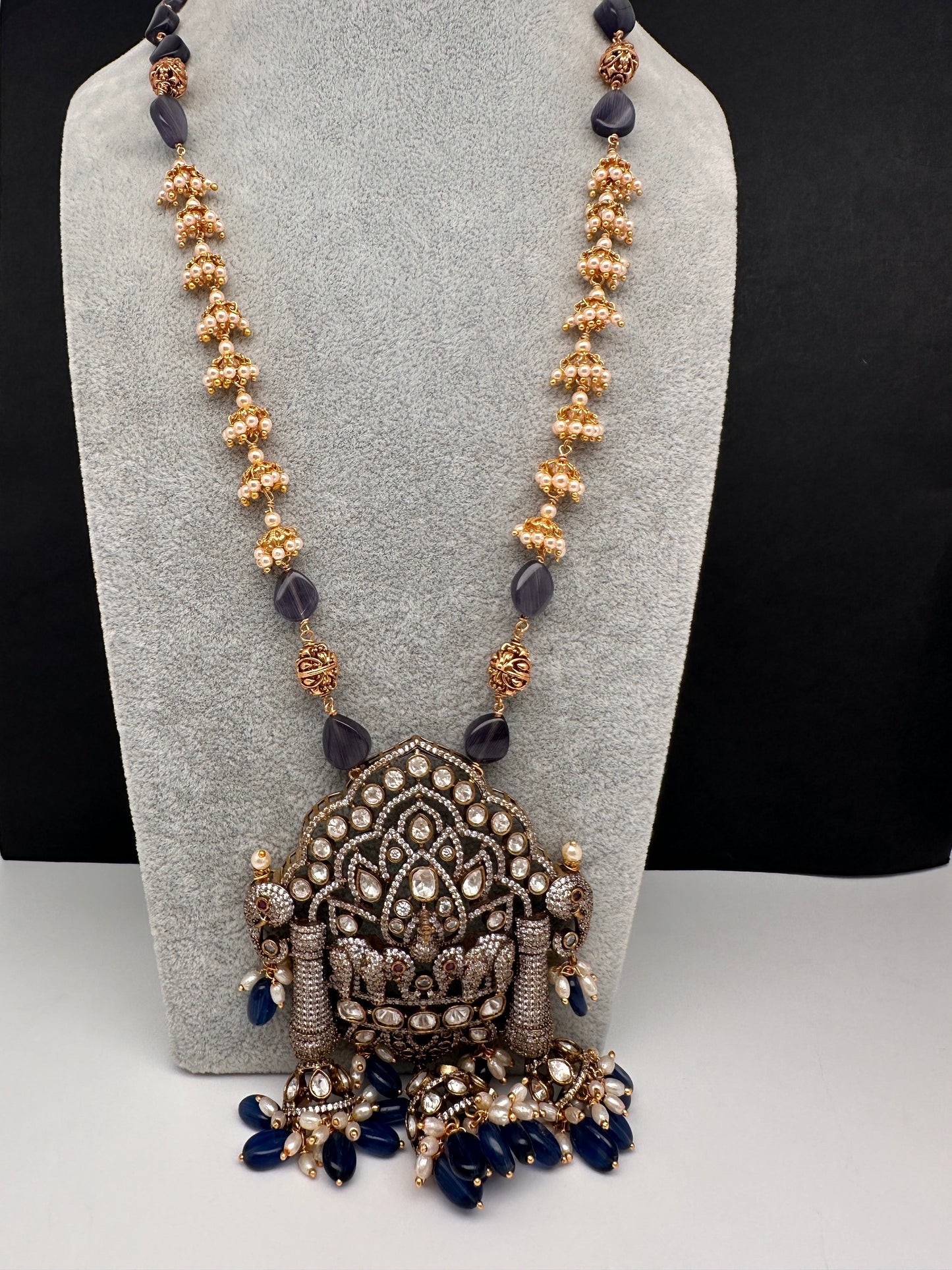 AD Moissnaite Elephant Peacock Beads Long Color Stone Necklace - Blue
