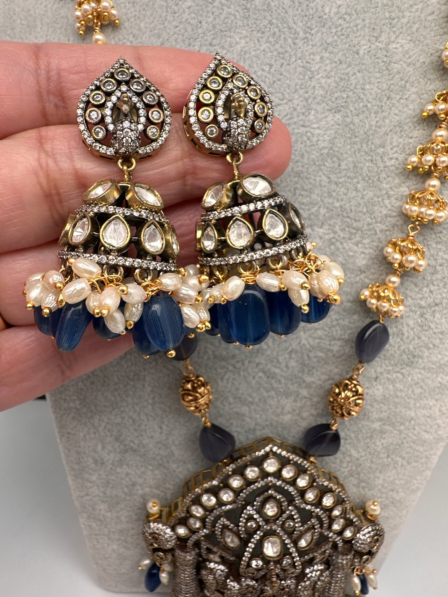 AD Moissnaite Elephant Peacock Beads Long Color Stone Necklace - Blue