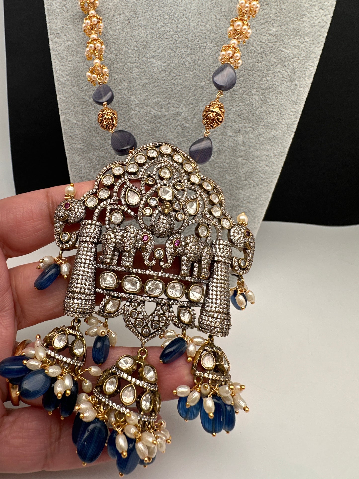 AD Moissnaite Elephant Peacock Beads Long Color Stone Necklace - Blue