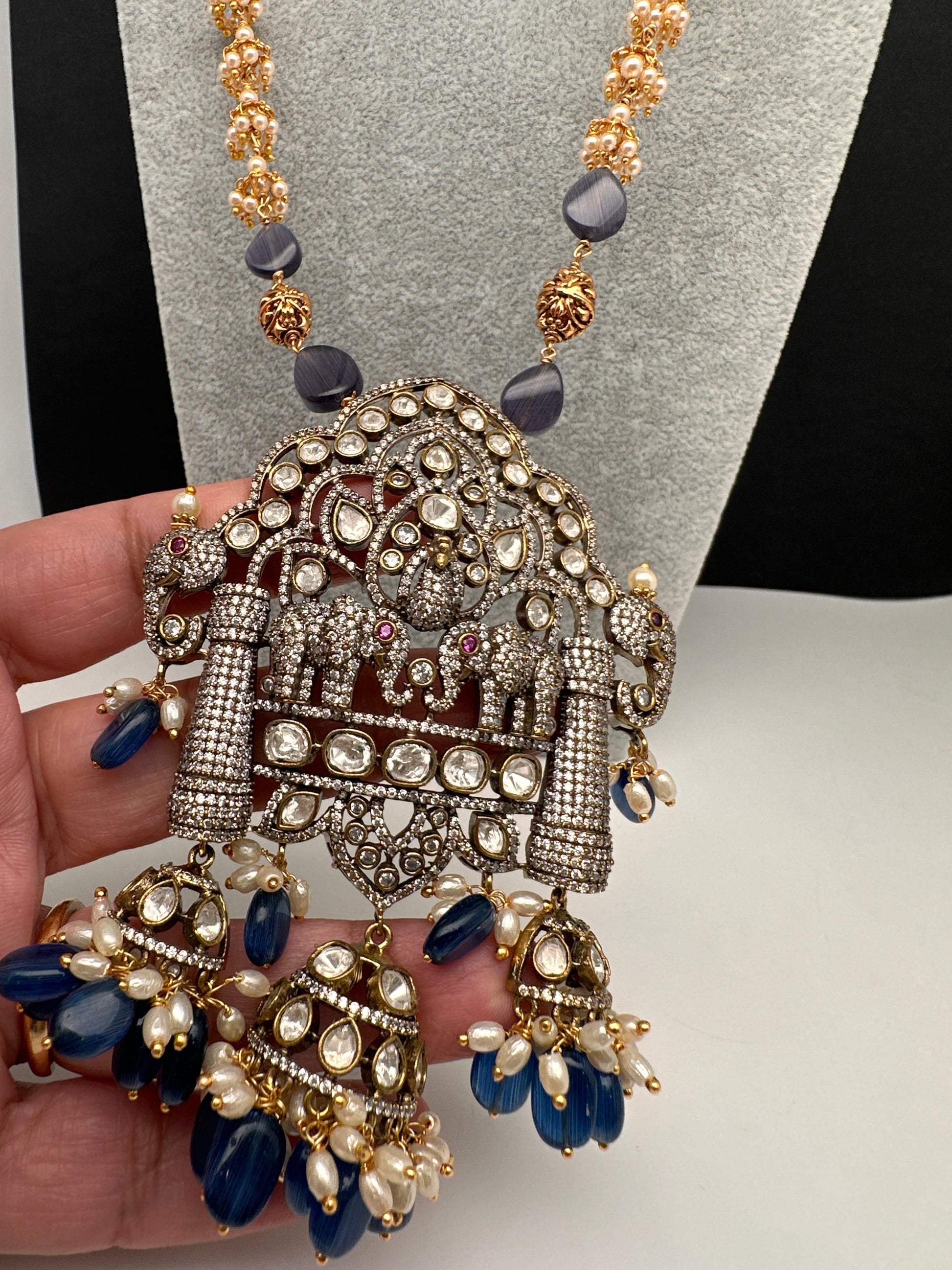 AD Moissnaite Elephant Peacock Beads Long Color Stone Necklace - Blue