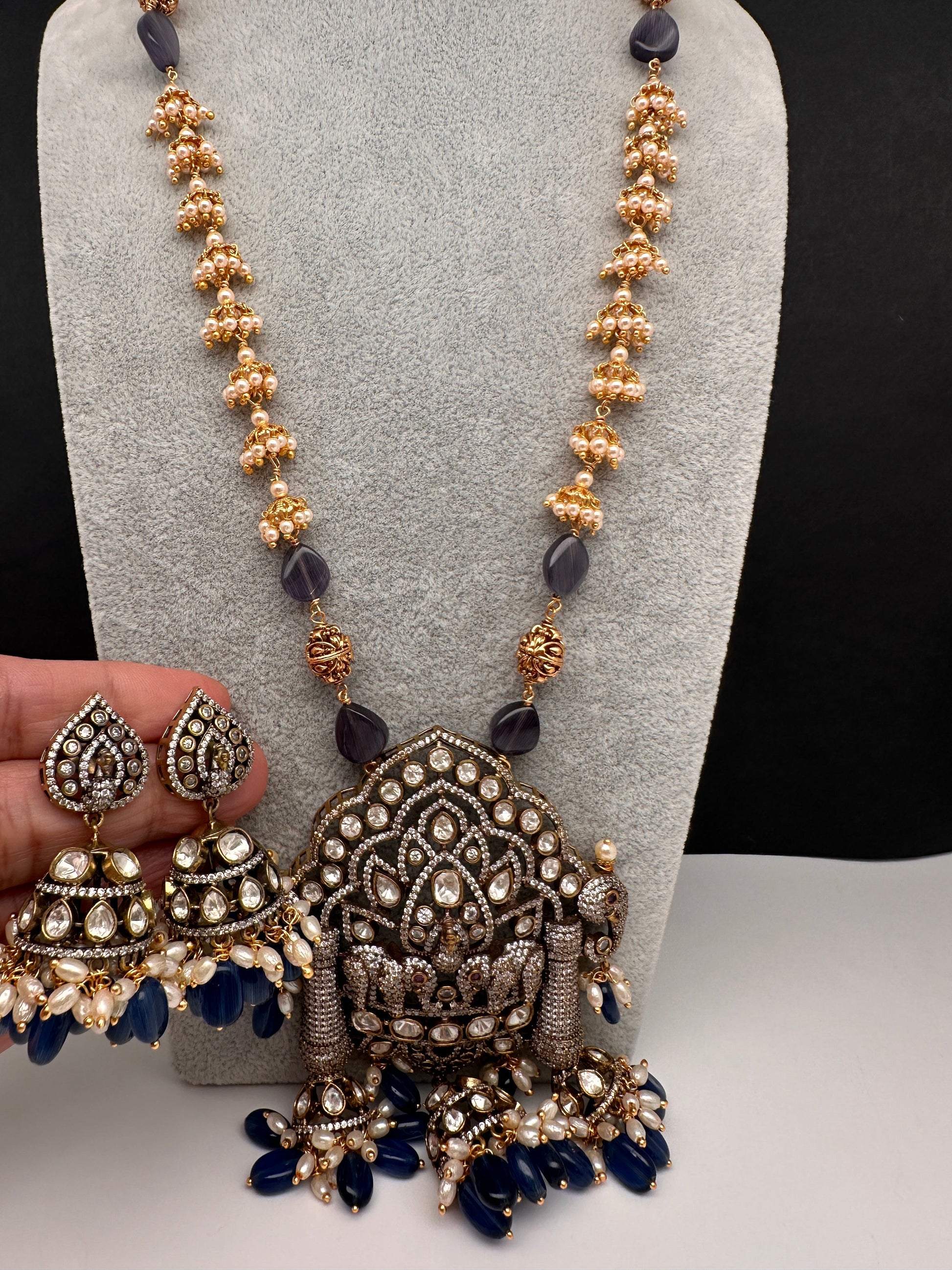 AD Moissnaite Elephant Peacock Beads Long Color Stone Necklace - Blue